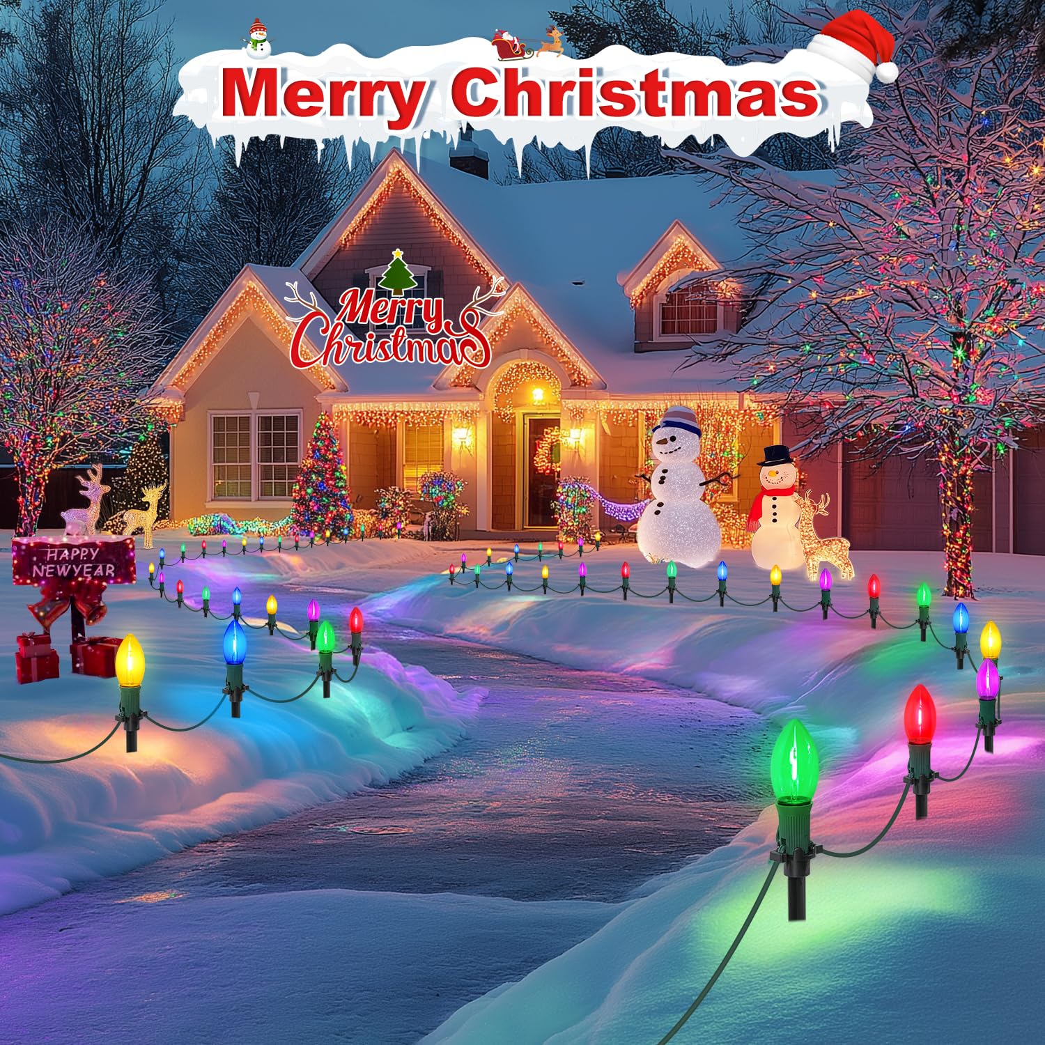 USOKYO 45Ft C9 Led Christmas Pathway Lights Outdoor, 30 Multicolor Bulbs Waterproof Connectable Christmas Walkway Lights for Driveway, Yard, Lawn, Sidewalk Decorations