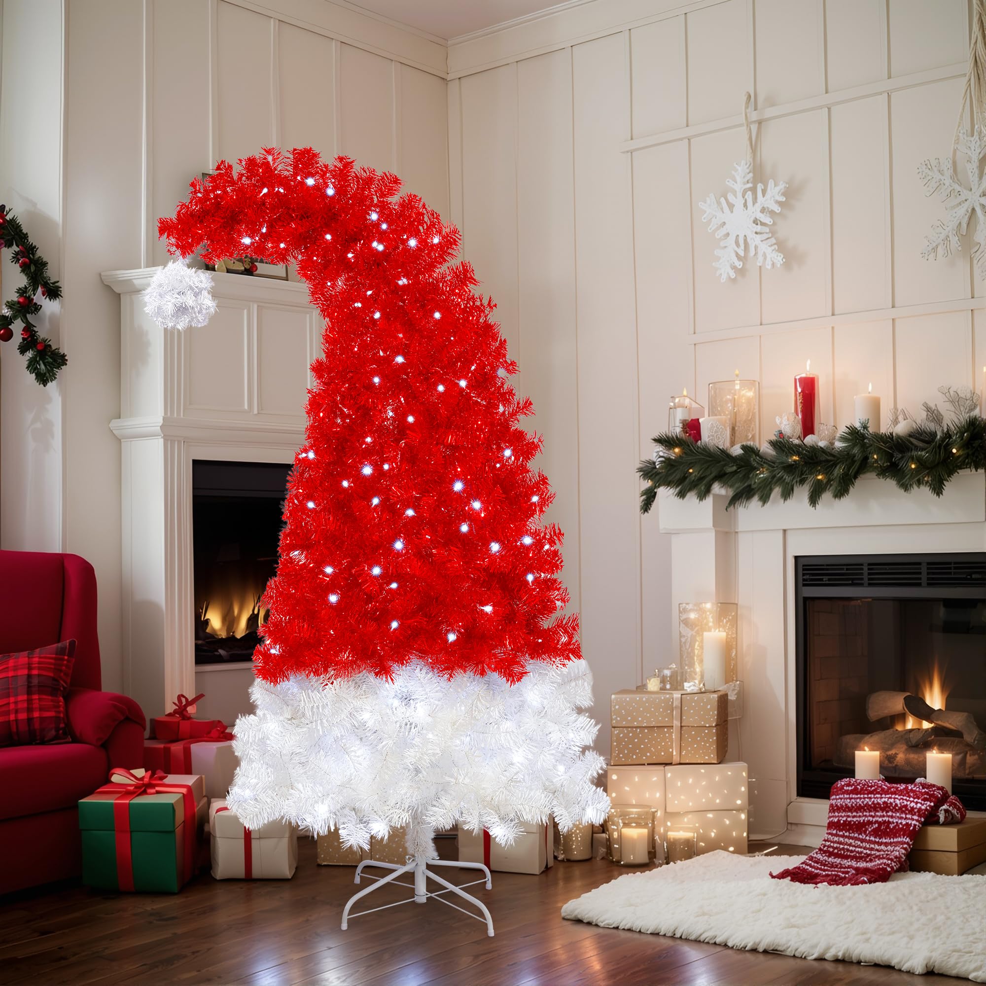 Merax 7FT Red Christmas Tree, Red Santa Hat Christmas Tree Prelit with 400 Lights and 1250 Branches, Artificial Whimsical Seasonal Holiday Decoration