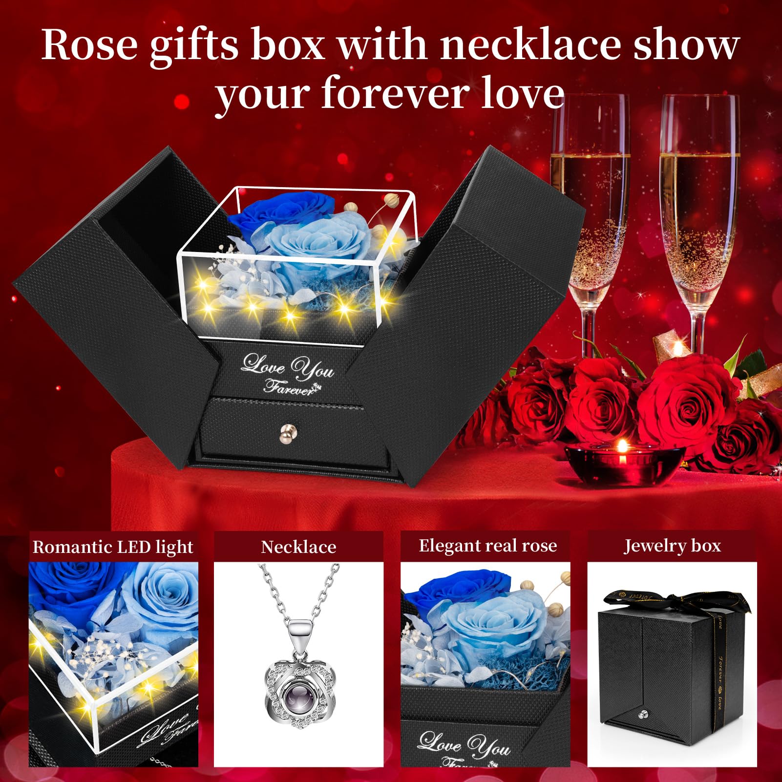 Lebana Preserved Red Real Rose with Heart I Love You Necklace -Mothers Day Gifts for Mom Her Wife Girlfriend Grandma on Valentines Mothers Day Christmas Birthday Anniversary Romantic-Red