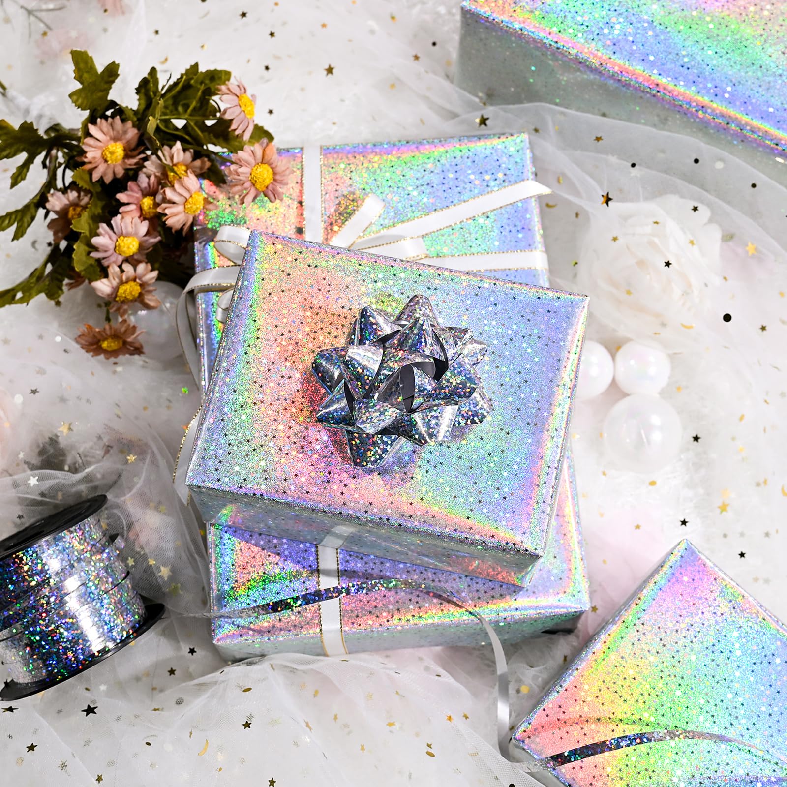 Burymento Black Wrapping Paper Roll, Metallic Holographic Stripe Gift Wrap for Birthday, Valentines, Mothers day, Graduation, Wedding, Fathers day, Baby Shower, Christmas (17 IN x 32.8 FT)