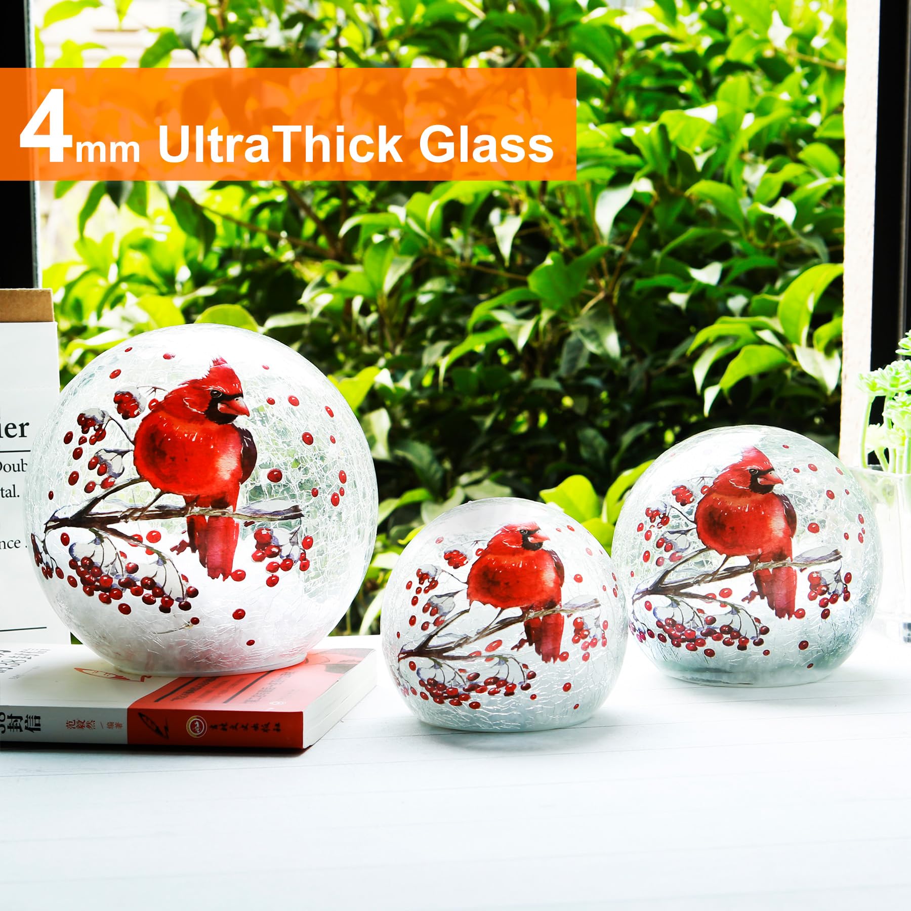 Crackle Glass Ball Cardinal Lamp with Timer, Battery Operated Red Bird Stained Christmas Decor Accent Sphere Lamp, Light Up Globe Glass Table Lamp, Mother's Day Gifts, Led Orb Cardinal Night Light