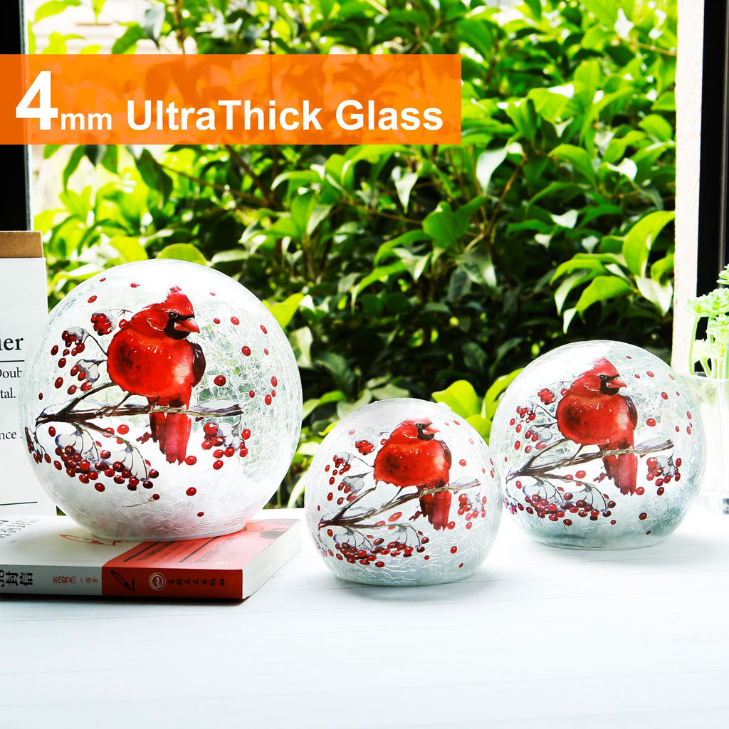 Crackle Glass Ball Cardinal Lamp with Timer, Battery Operated Red Bird Stained Christmas Decor Accent Sphere Lamp, Light Up Globe Glass Table Lamp, Mother's Day Gifts, Led Orb Cardinal Night Light