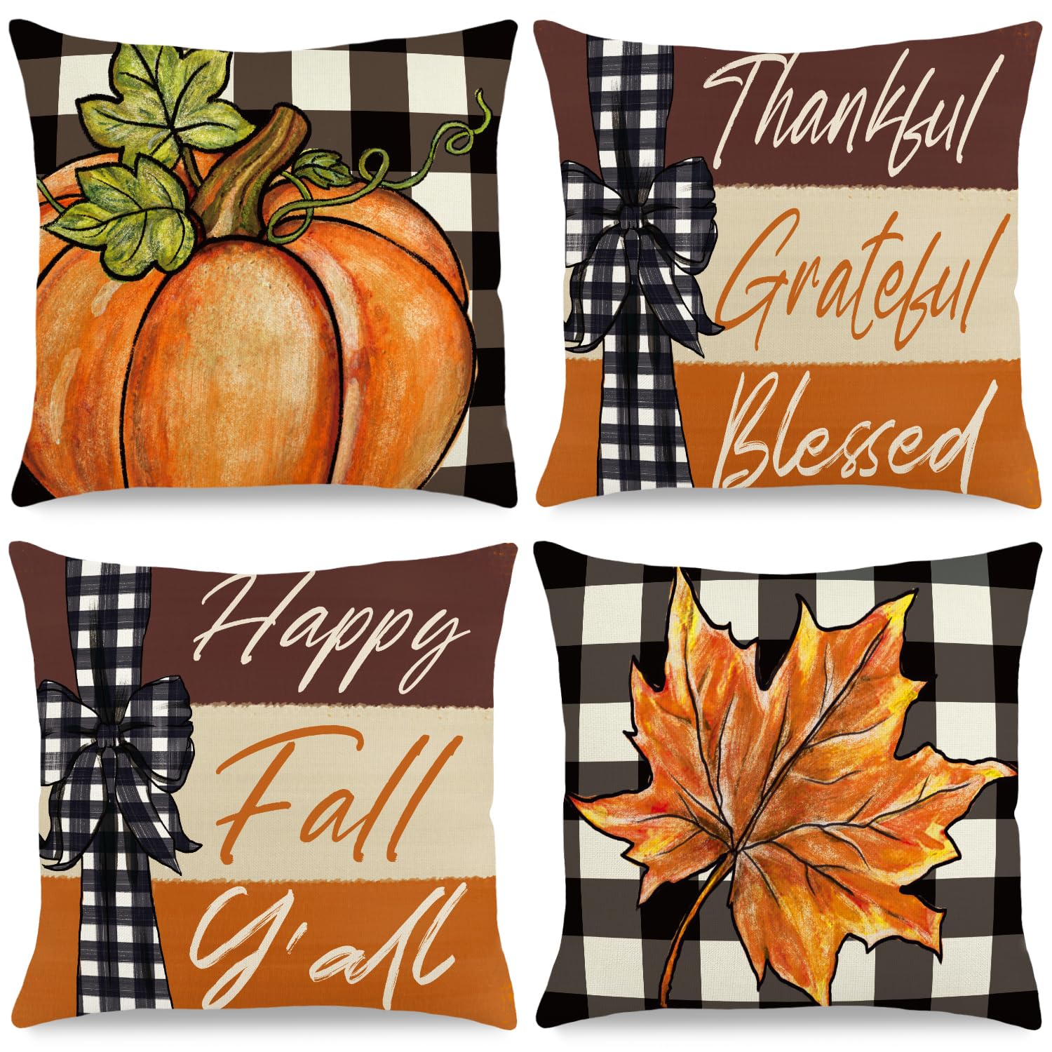 Fall Pillow Covers 18x18 Inch Autumn Pumpkin Maple Leaf Throw Pillowcase Orange Cushion Case for Thanksgiving Home Farmhouse Couch Sofa Bed Indoor Outdoor Decor (Set of 4)