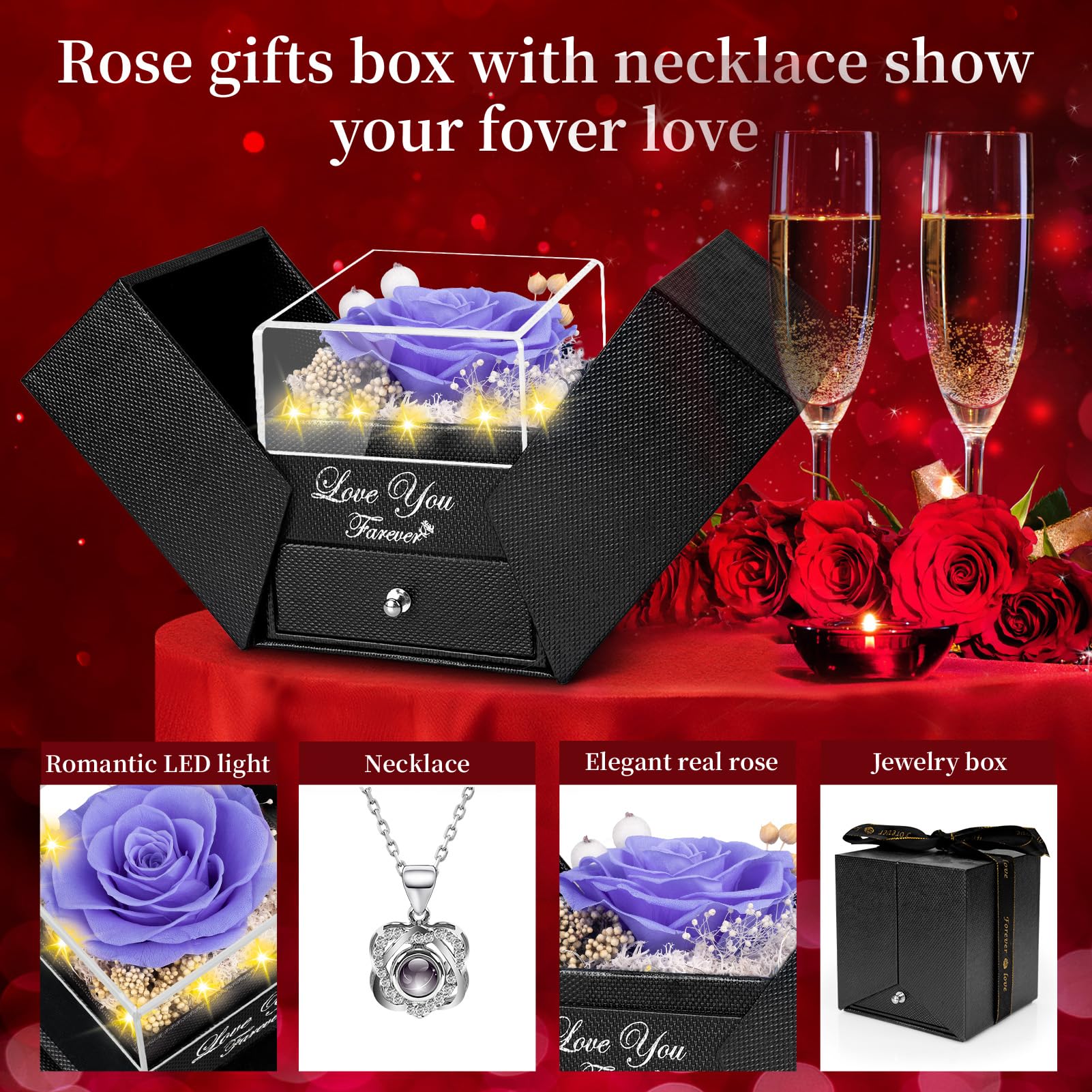 Lebana Preserved Red Real Rose with Heart I Love You Necklace -Mothers Day Gifts for Mom Her Wife Girlfriend Grandma on Valentines Mothers Day Christmas Birthday Anniversary Romantic-Red