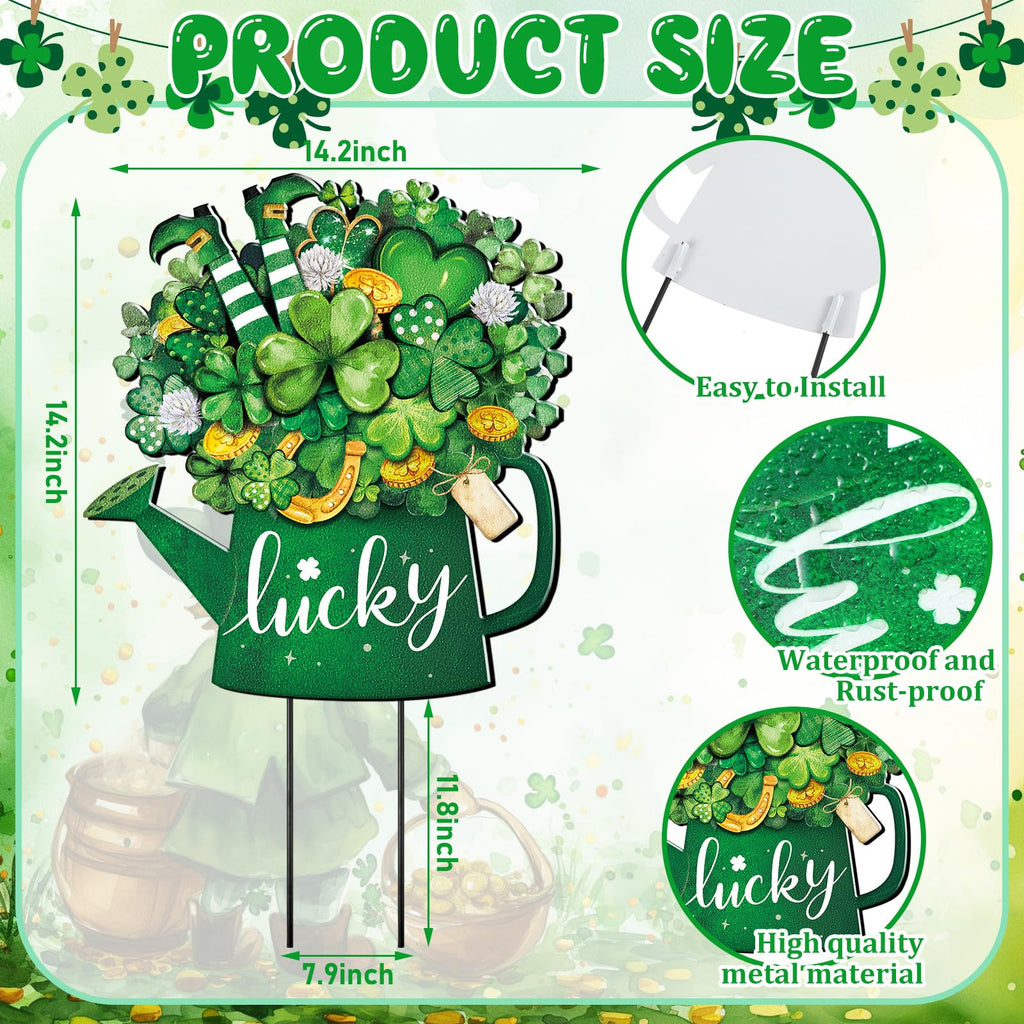 Metal St Patricks Day Decoration Outdoor Green Shamrock Leprechaun Yard Sign Stake 14.2 Inches Welcome Irish Mason Jar Yard Decor Clover Lawn Decor for Home Garden Patio Lawn