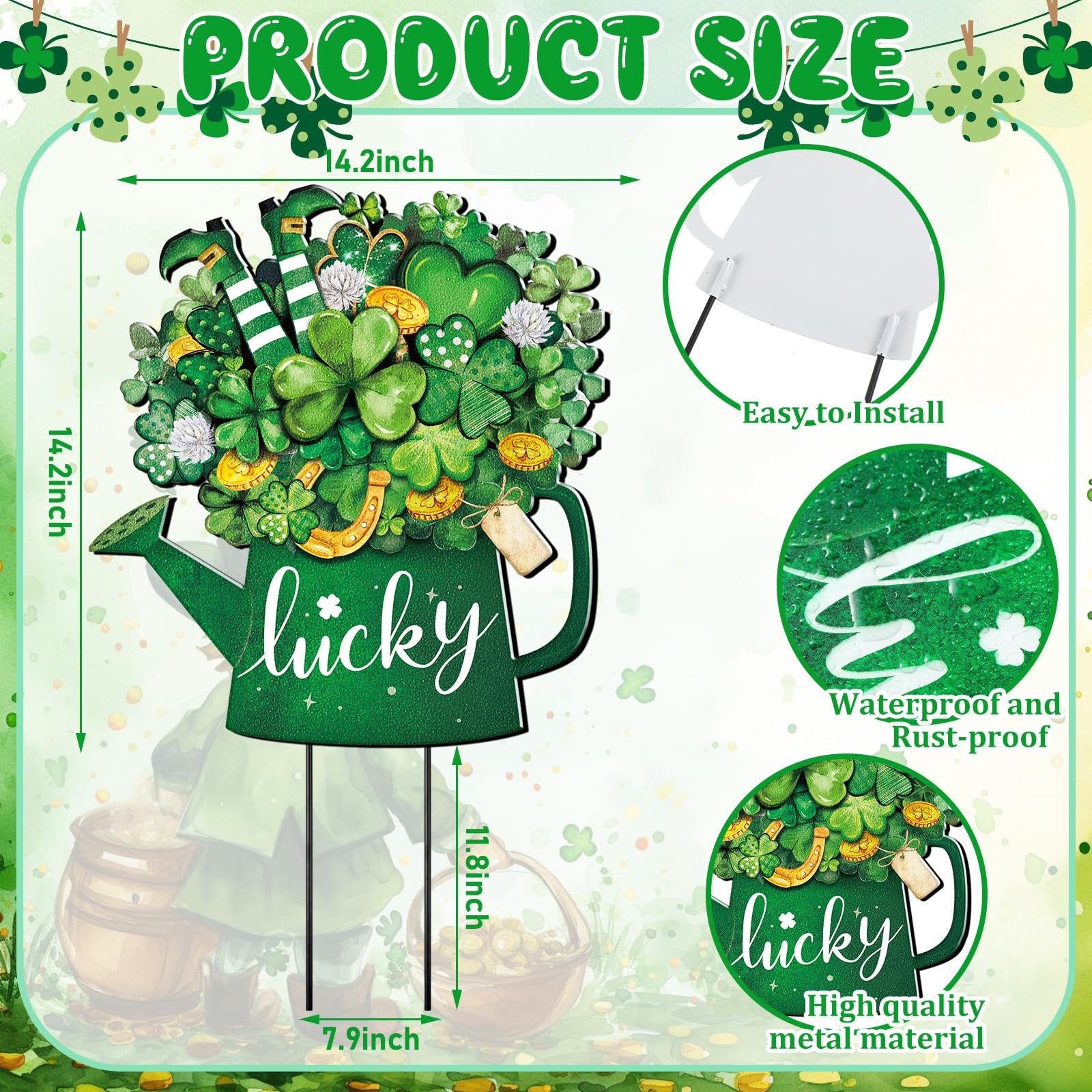 Metal St Patricks Day Decoration Outdoor Green Shamrock Leprechaun Yard Sign Stake 14.2 Inches Welcome Irish Mason Jar Yard Decor Clover Lawn Decor for Home Garden Patio Lawn