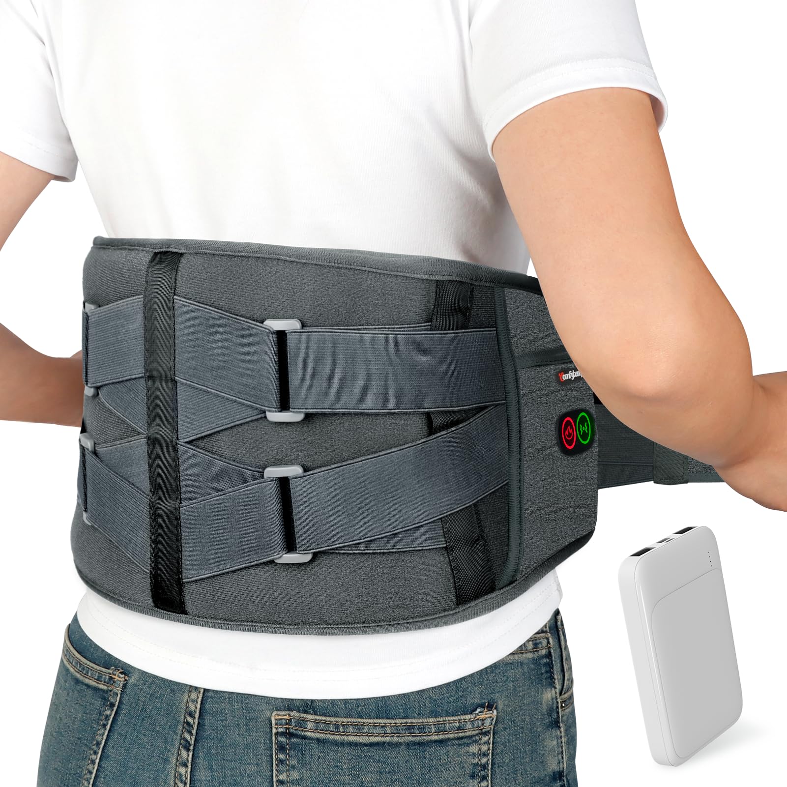 Comfytemp Cordless Heating Pad with Massager for Back, Fathers Day Dad Gifts for Men, FSA Eligible HSA Portable Lower Back Massager Rechargeable Wireless Electric, Women Mom Seniors 3 Heat 30mins Off