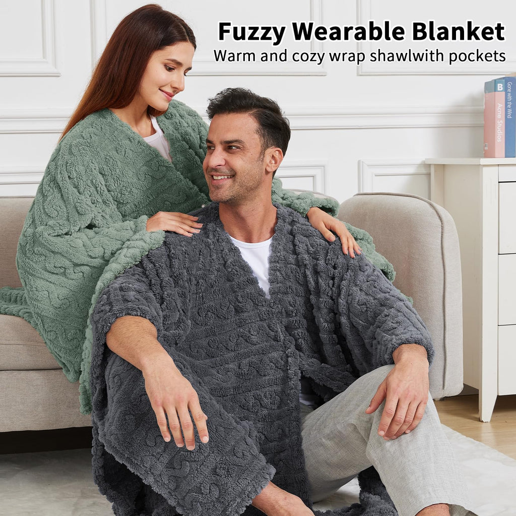 Wearable Blanket Poncho Cape Wrap for Adult, Cozy Sherpa Fleece Pocketed Shawl TV Throw Blankets for Office and Lounge(Caramel,58'' x 64'')