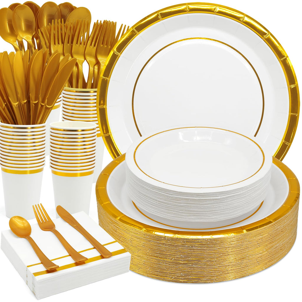 AIRE 175PCS Black and Gold Paper Plates Party Supplies for 25 Guests Disposable Party Decorations Dinnerware Golden Dot Black Paper Plates Napkins Cups Gold Plastic Forks Knives Spoons for Mothers Day