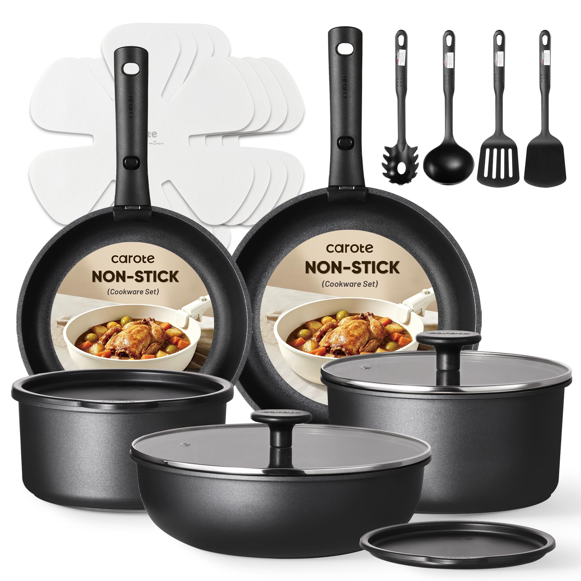 CAROTE 19pcs Pots and Pans Set, Nonstick Cookware Set Detachable Handle, Induction Kitchen Cookware Sets Non Stick with Removable Handle, RV Cookware Set, Oven Safe