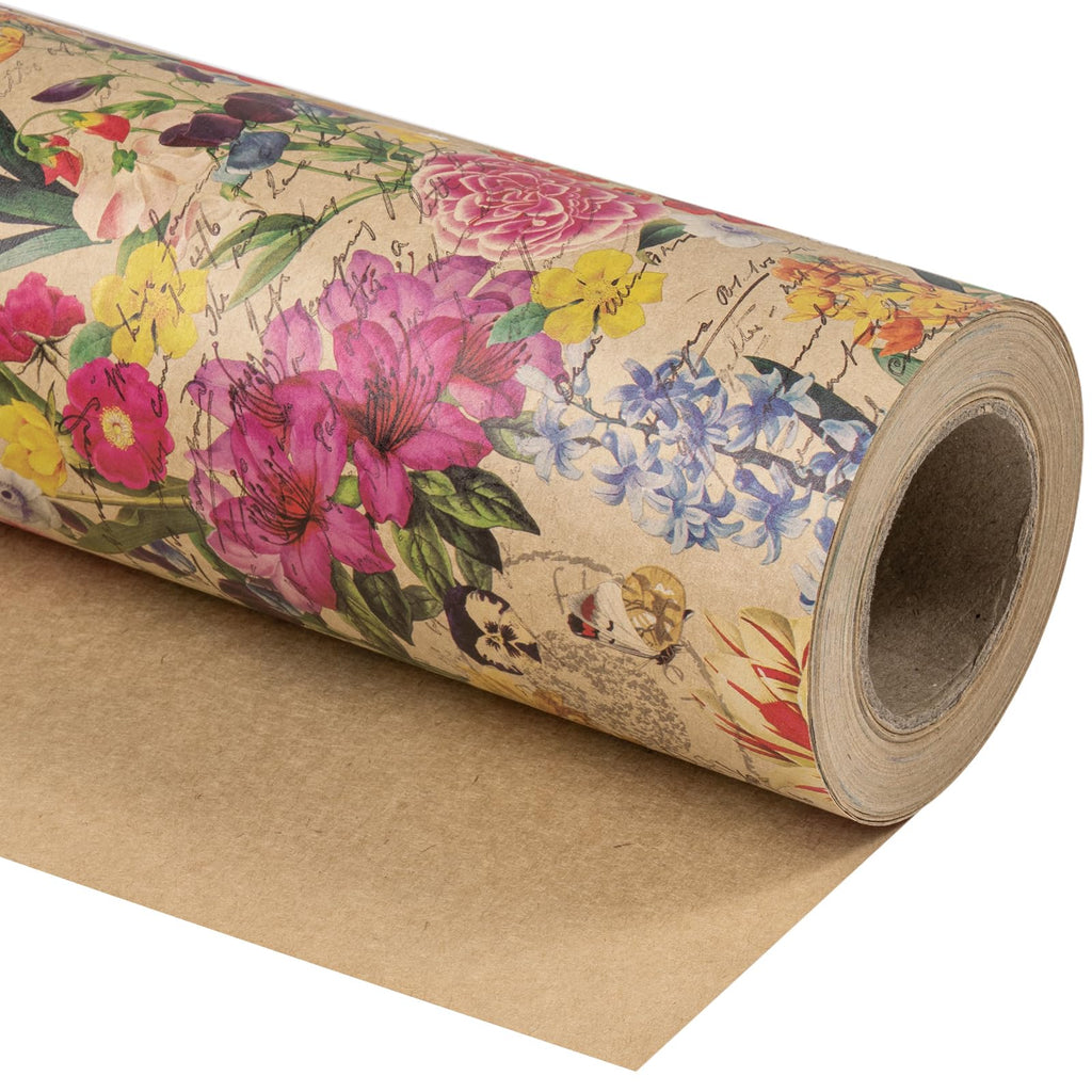WRAPAHOLIC Kraft Floral Wrapping Paper Roll - Mini Roll - 17 Inch x 9.8 Feet - Spring Summer Garden Flower Design Perfect for Wedding, Bridal Shower, Birthday