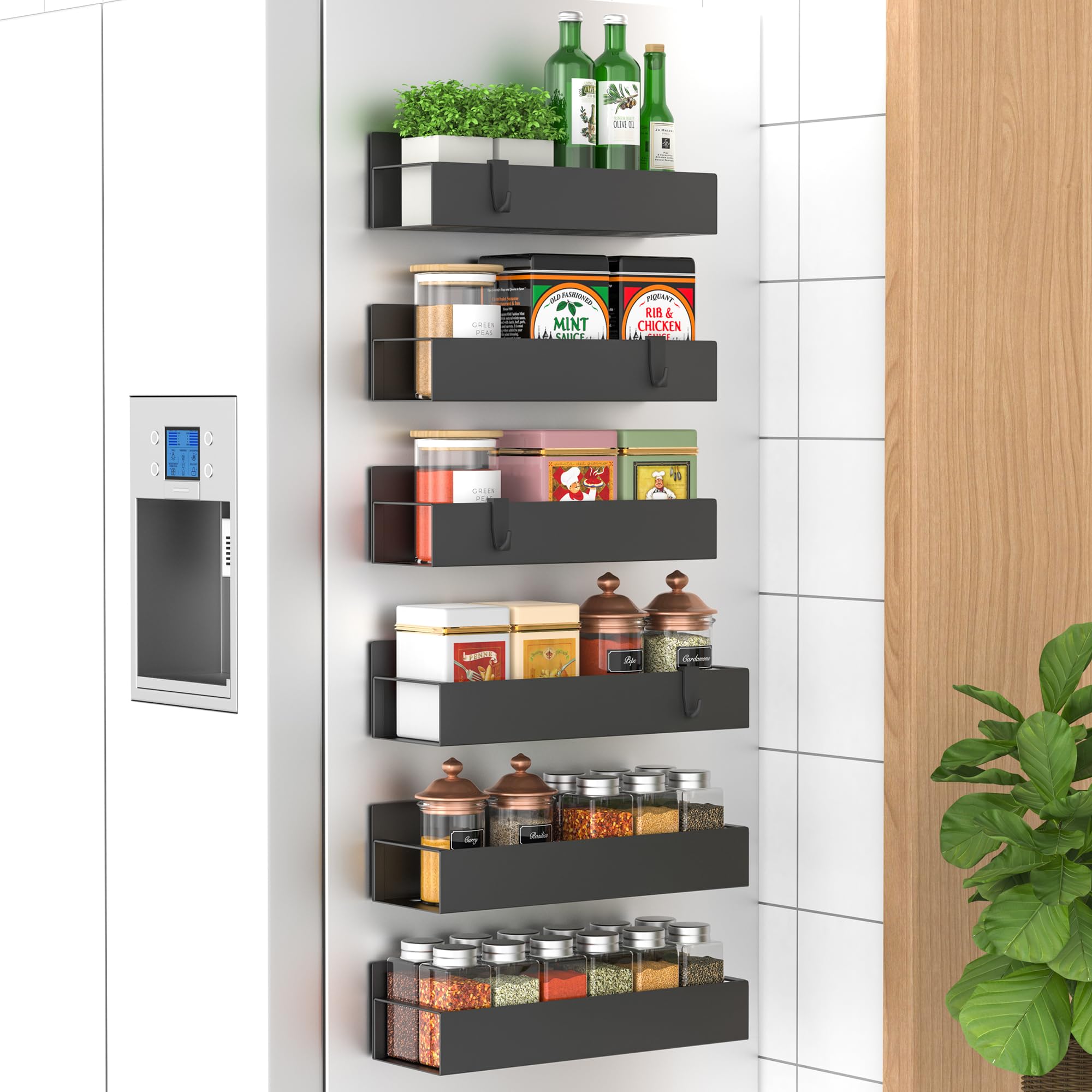 HuggieGems Metal 4 Pack Magnetic Spice Storage Rack Organizer for Refrigerator and Oven, Black Fridge Organizers and Storage, Metal