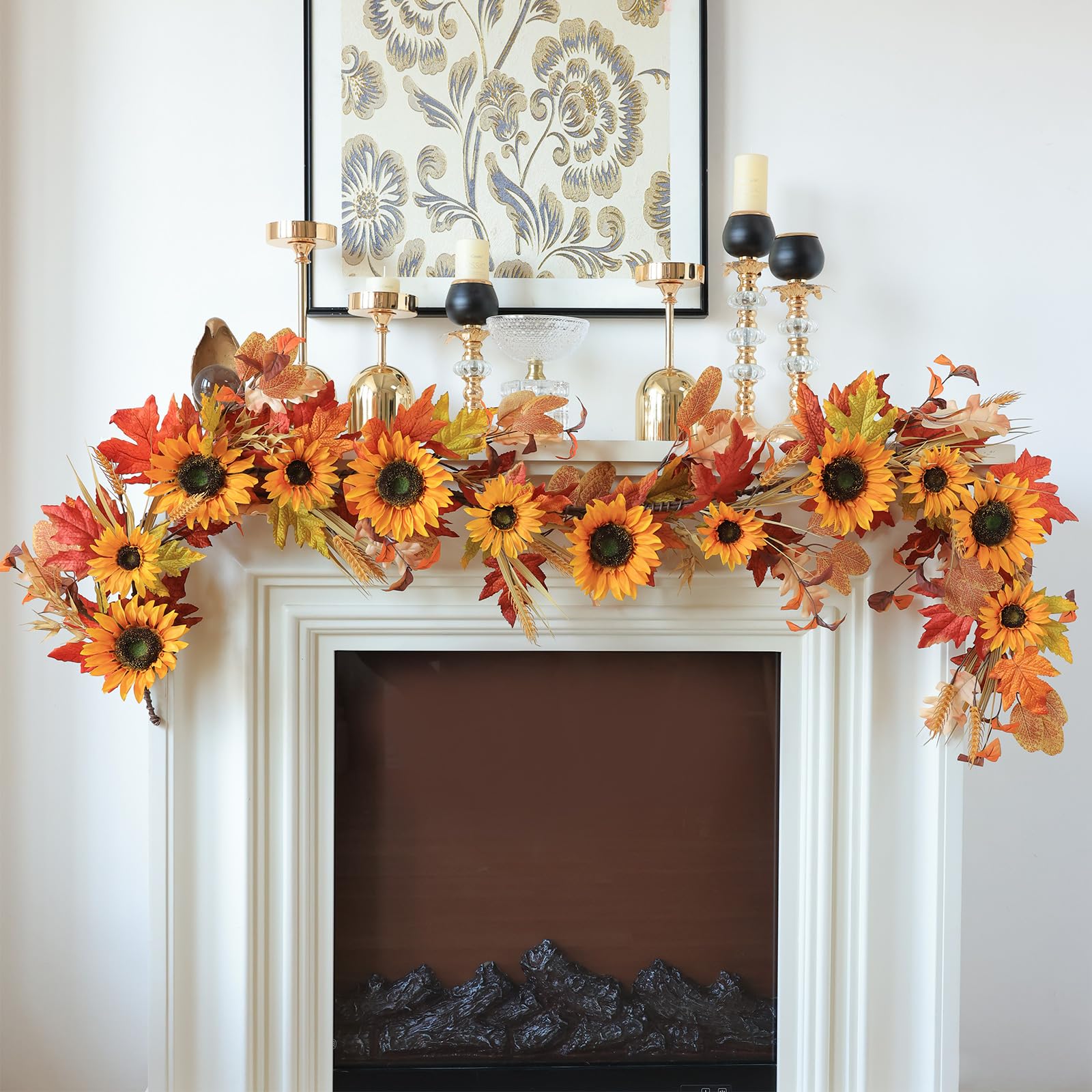 Mizii Artificial Sunflower Garland 6FT Fake Silk Sunflowers Flower Garland Autumn Hanging Vines Decorations for Kitchen Table Centerpieces Room Wall Party Wedding Birthday Fall Decor (Orange)