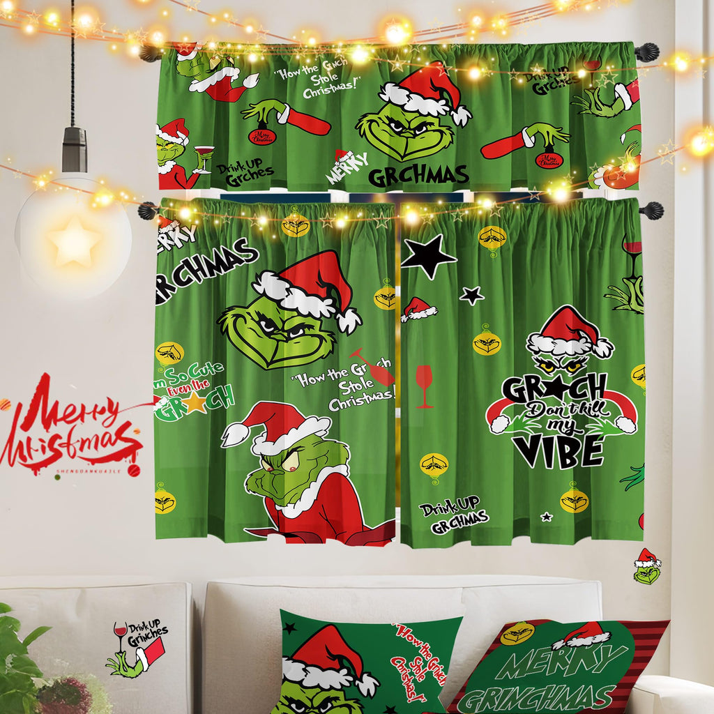 Christmas Kitchen Curtain Valances Winter Holiday Festive Small Window Decoration, Red and Green Farmhouse Xmas Design, 52x18inchx1, 26x36inchx2, 3 Panel, Rod Pocket