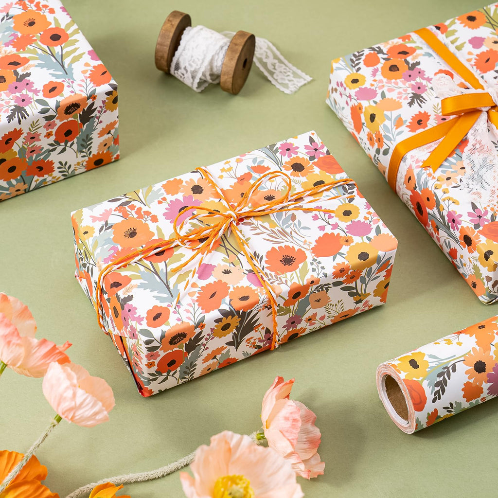 WRAPAHOLIC Kraft Floral Wrapping Paper Roll - Mini Roll - 17 Inch x 9.8 Feet - Spring Summer Garden Flower Design Perfect for Wedding, Bridal Shower, Birthday