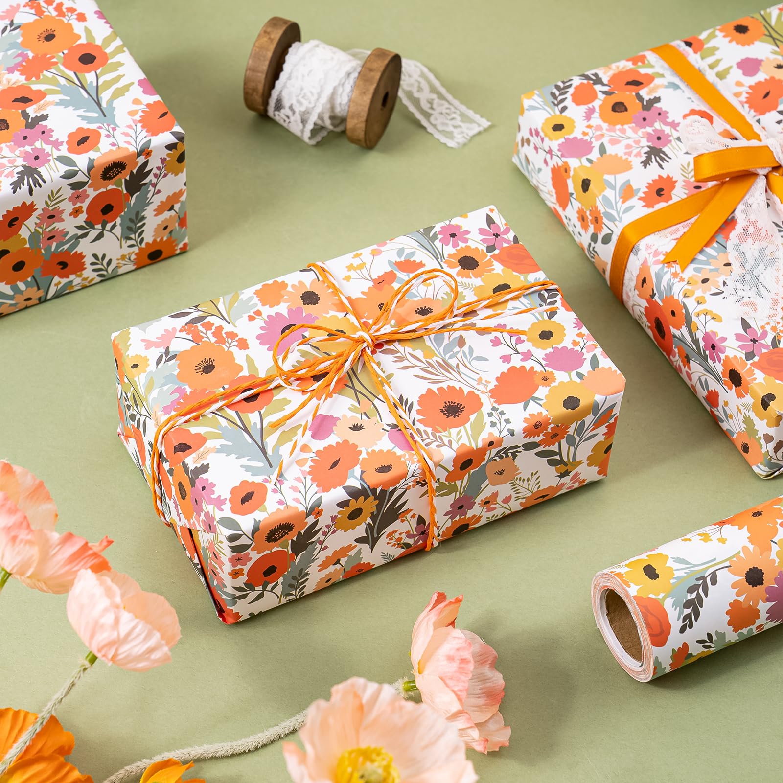 WRAPAHOLIC Kraft Floral Wrapping Paper Roll - Mini Roll - 17 Inch x 9.8 Feet - Spring Summer Garden Flower Design Perfect for Wedding, Bridal Shower, Birthday