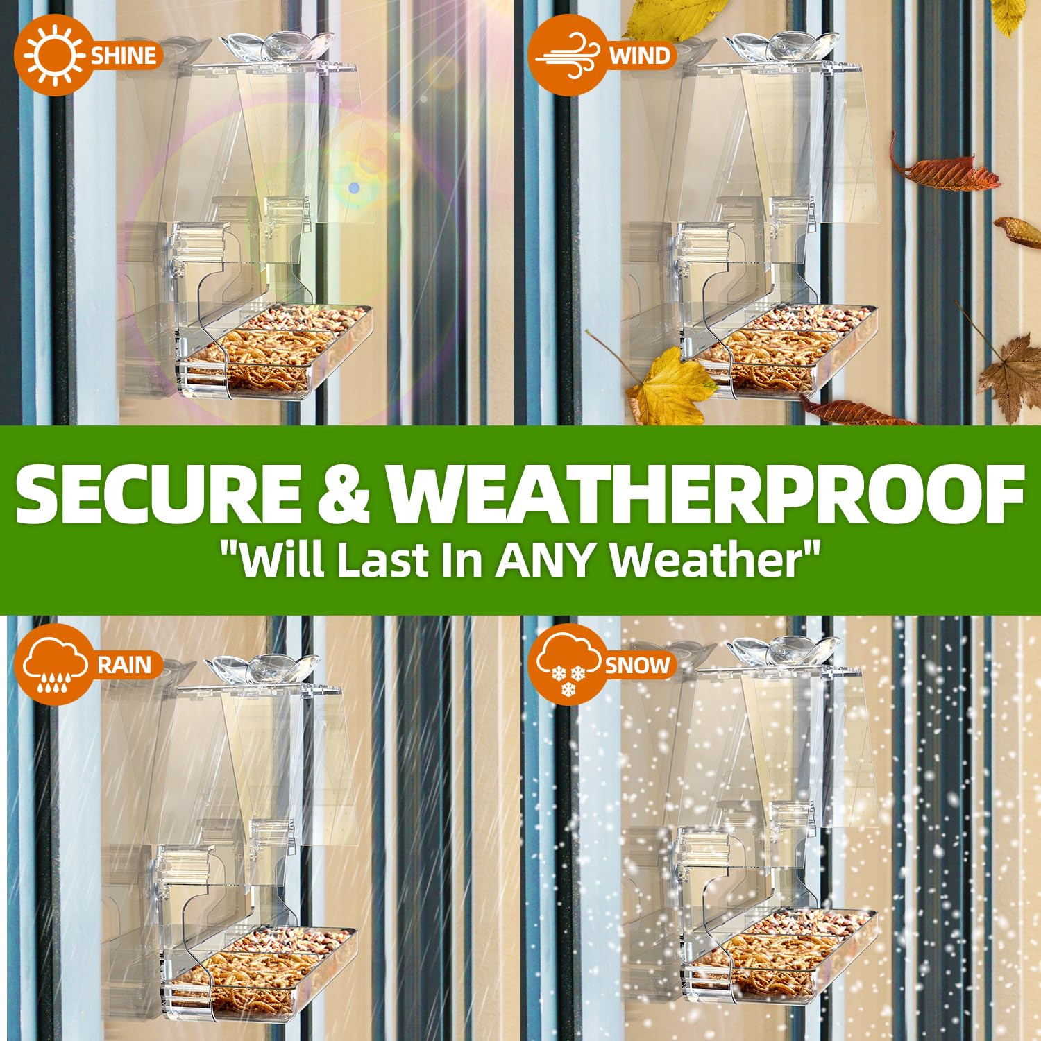WENMIXER Window Bird Feeder with Non-Marking Self-Adhesive Hooks, Clear and Transparent, Outdoor Wild Bird Watching Gift, Garden Decor (Standard)