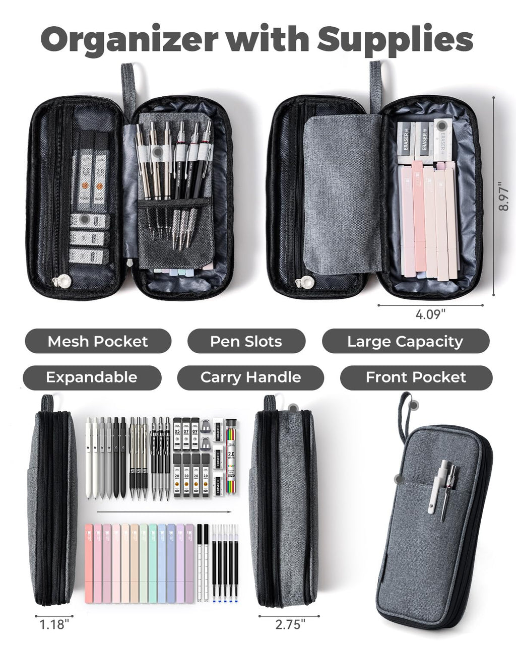 Four Candies 39 PCS Aesthetic Stationery Set with Cute Pen Case, College Supplies and Nursing Student Essentials, 12 Pastel Highlighters, 5 Black Gel Pens, 6 Mechanical Pencils, Blue