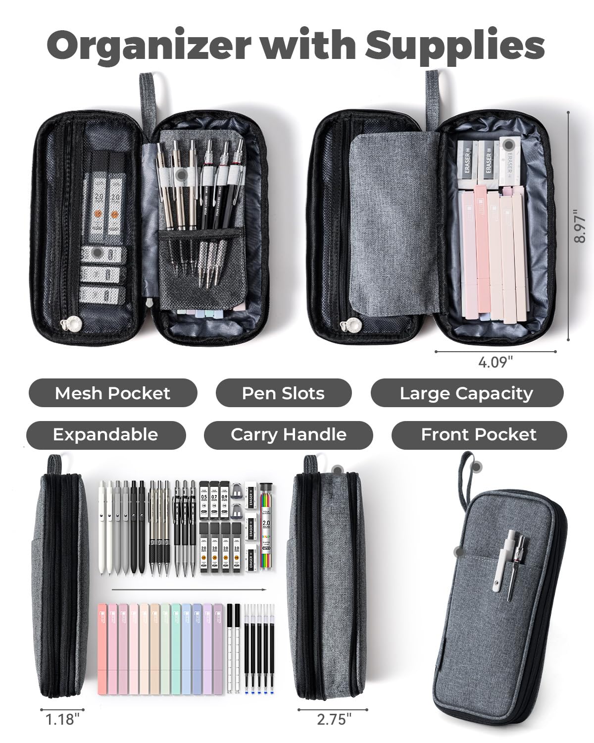 Four Candies 39 PCS Aesthetic Stationery Set with Cute Pen Case, College Supplies and Nursing Student Essentials, 12 Pastel Highlighters, 5 Black Gel Pens, 6 Mechanical Pencils, Blue