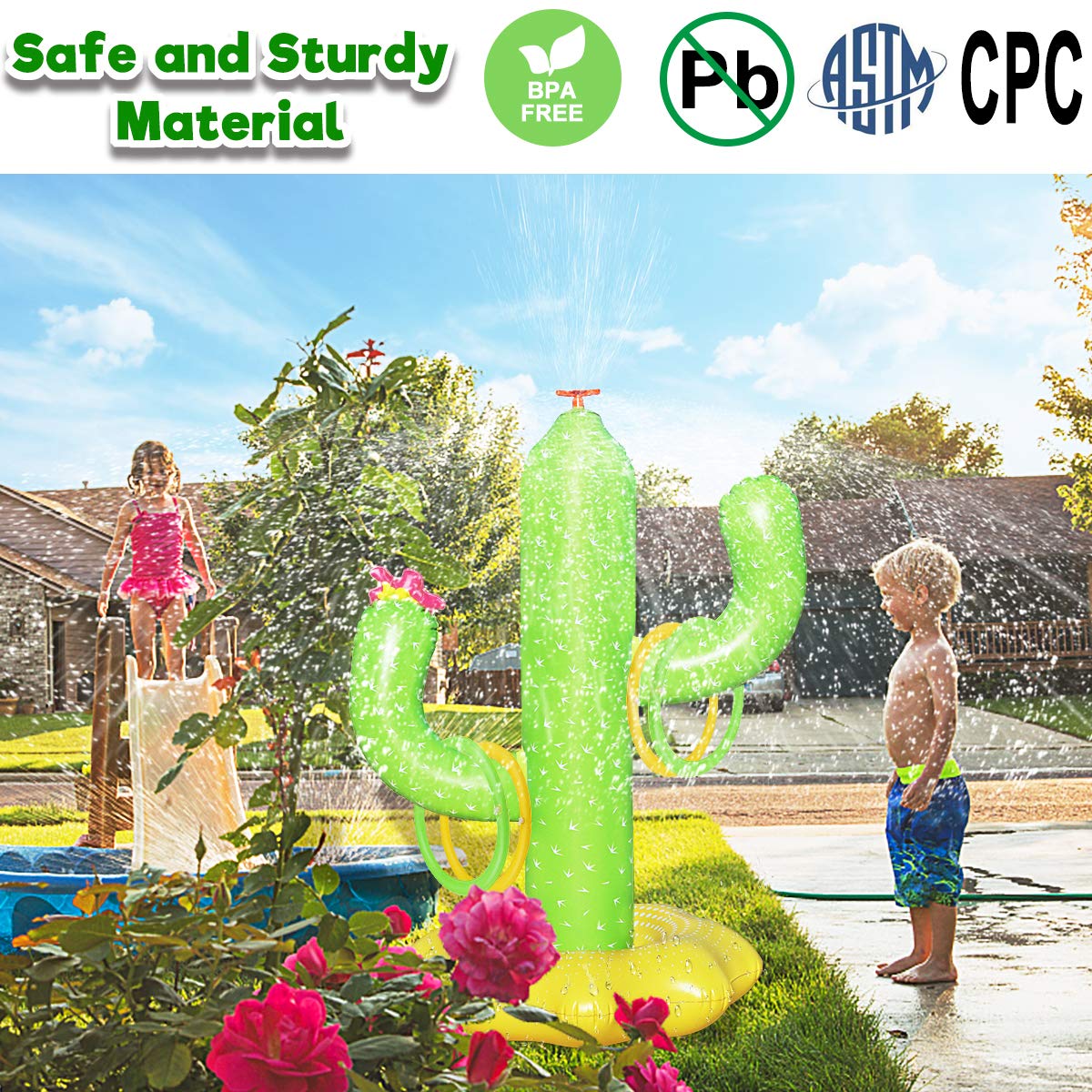 Sprinkler for Kids Outdoor Water Toy, Inflatable Cactus Toddler Sprinkler Toy Summer Water Toys Outside Backyard Garden Yard Fun Sprinklers Spray Toys with 4 Rings