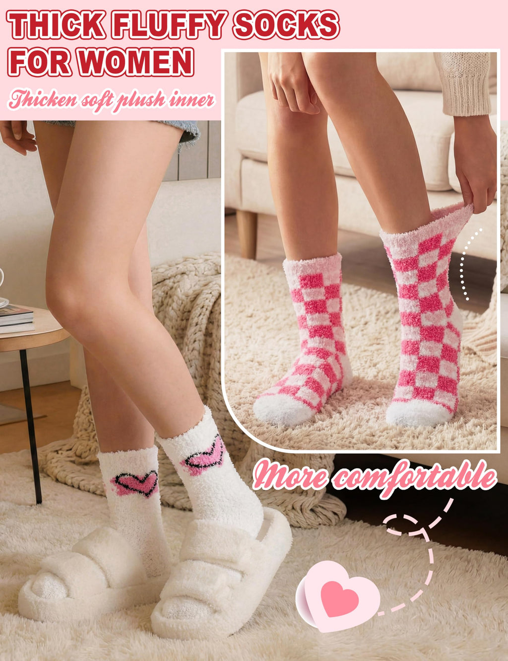 Womens Fuzzy Socks Warm Fluffy Cozy Winter Slipper Thick Fleece Heart Socks 5 Pairs