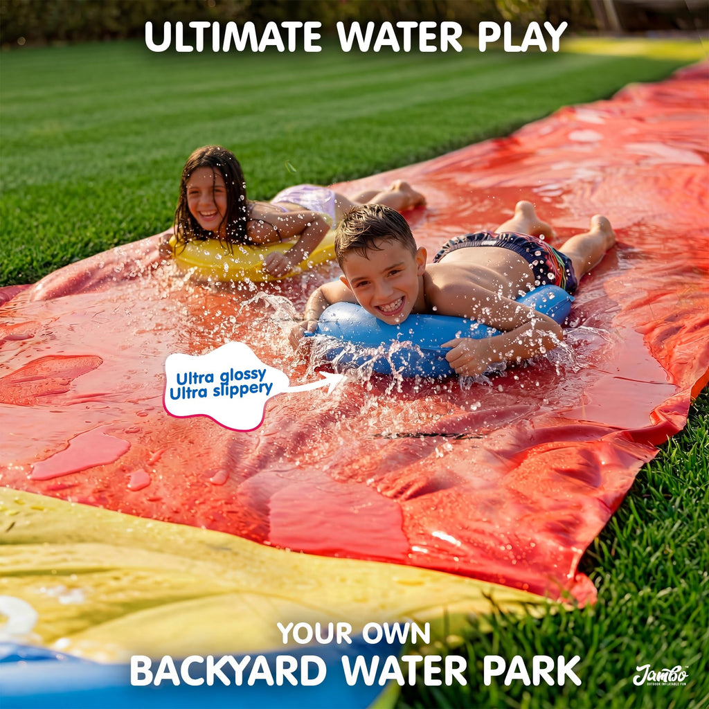 JAMBO Premium Triple Water Slide with 3 Bodyboards, 20Ft Heavy Duty Slip Splash and Slides-Advanced 3-Way Sprinkler System, Splash Pad Mat Backyard Summer Outdoor Water Toys n Long Slides for Kids