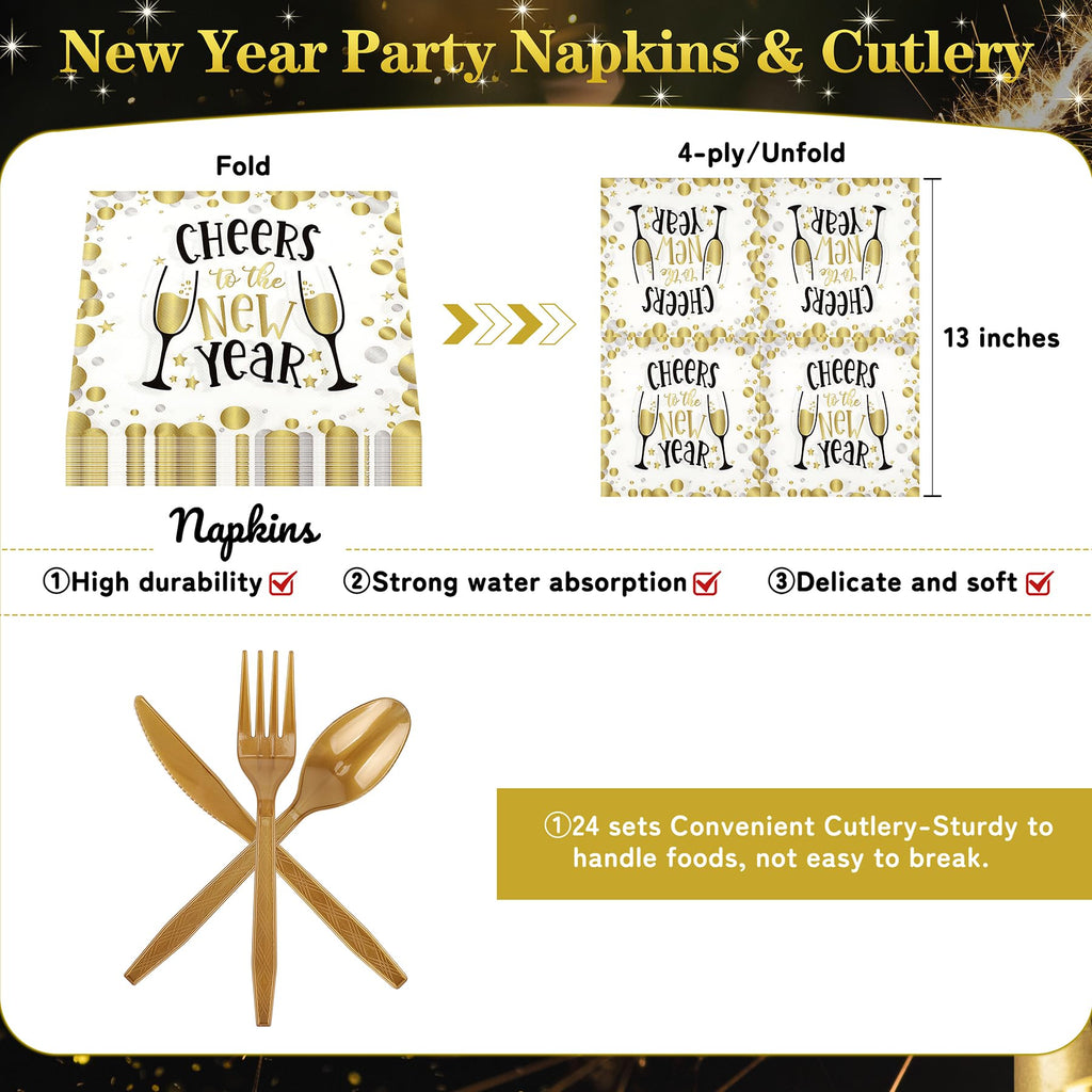 168pcs Happy New Year Party Supplies, Black and White Paper Plates Napkins Cups and Transparent Gold Cutlery for 24 Guests, 2026 New Year Disposable Tableware Supplies for Party Decorations