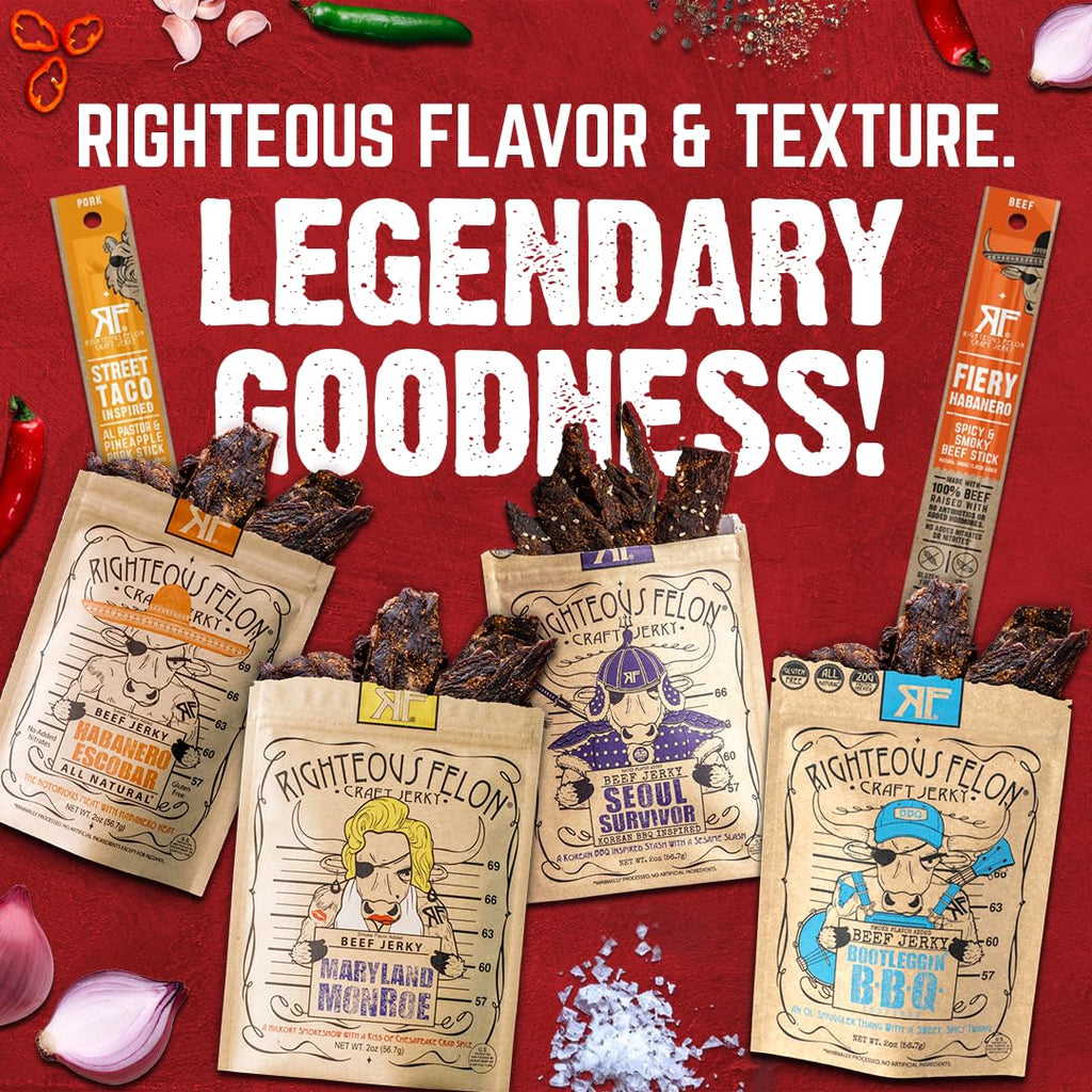 Righteous Felon Beef Jerky & Meat Sticks Variety Pack - Father's Day Jerky Sampler for Dad - Gluten Free Beef Jerky Snack Packs - High Protein, Keto, Low Sugar - Gifts for Men - 11 Pack Sampler