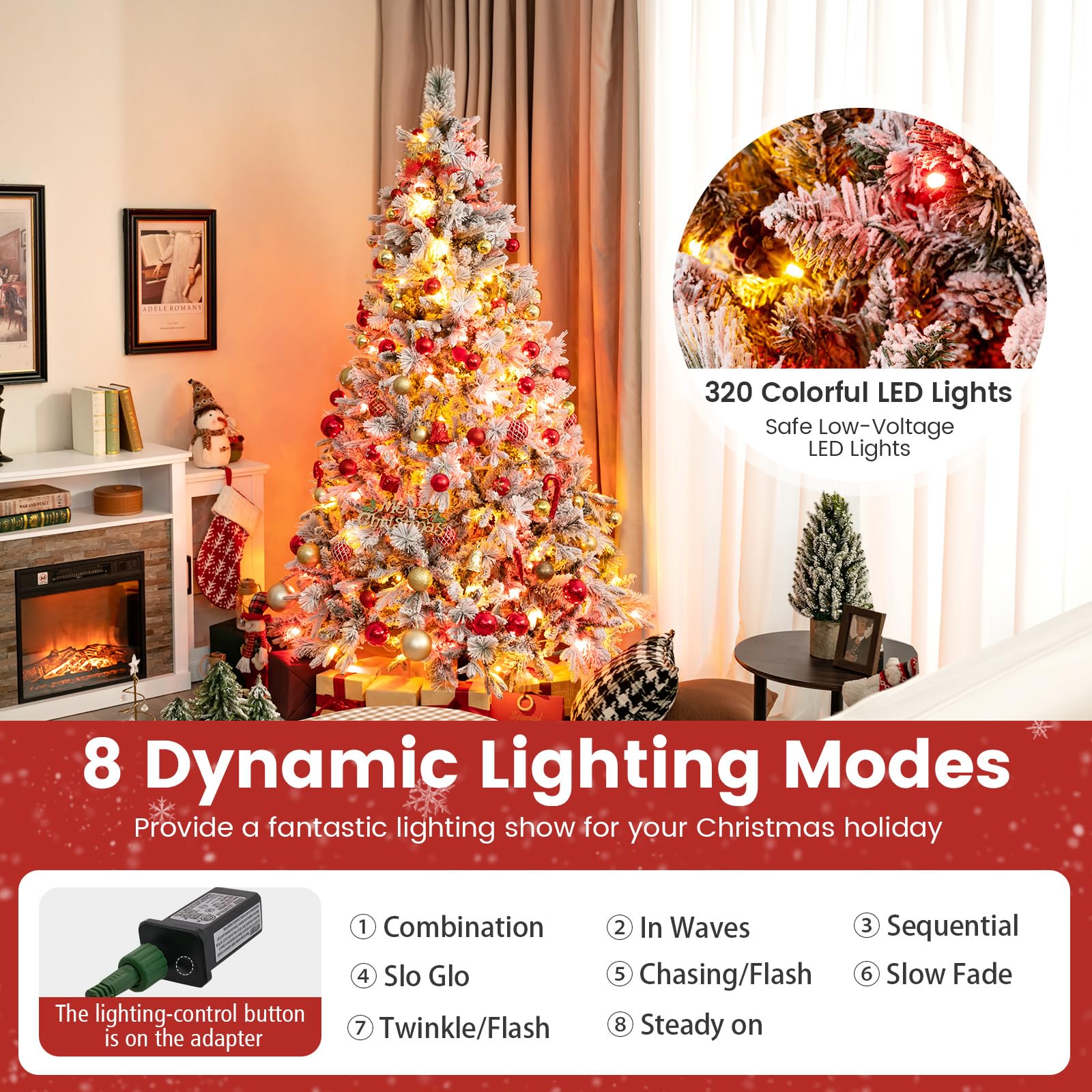 Goplus 7ft Pre-Lit Snow Flocked Christmas Tree, Artificial Hinged Xmas Tree with 320 Multi-Color LED Lights, 8 Lighting Modes, 1270 Branch Tips, Pine Needles, Pine Cones, Holiday Office Home Décor