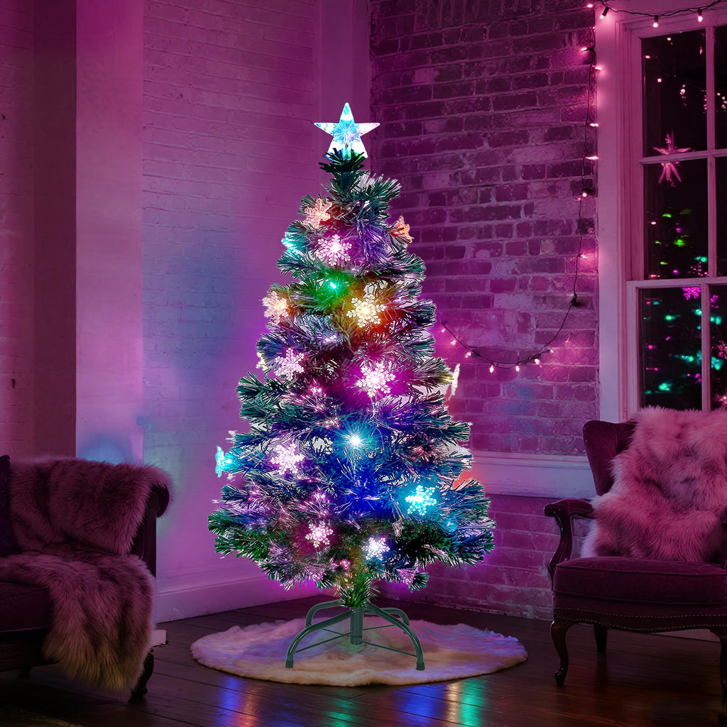 Prsildan 4 FT Artificial Christmas Tree, Pre-Lit Optical Fiber Xmas Trees with Multicolor LED Lights, Snowflakes & Top Star, Lighted Christmas Tree Holiday Home Decor