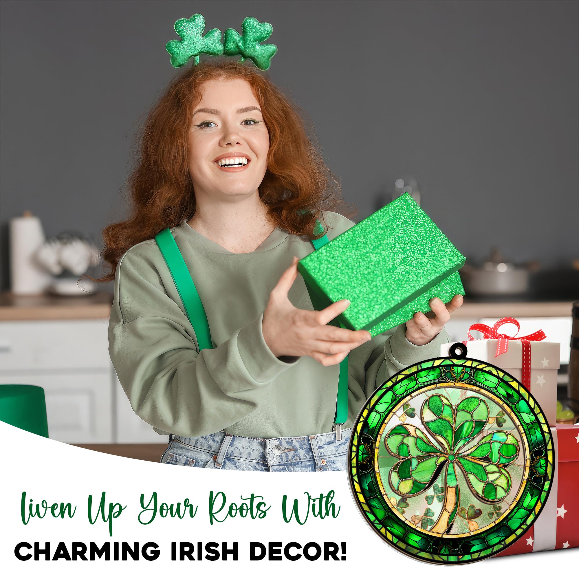 FLAGWIX St Patricks Day Decorations - Hanging Suncatcher 6 in, Shamrock St Patricks Day Decorations, Irish Suncatcher for Home Garden Decor - Irish Gifts for Women Men, Spiritual Gifts for Mom Grandma