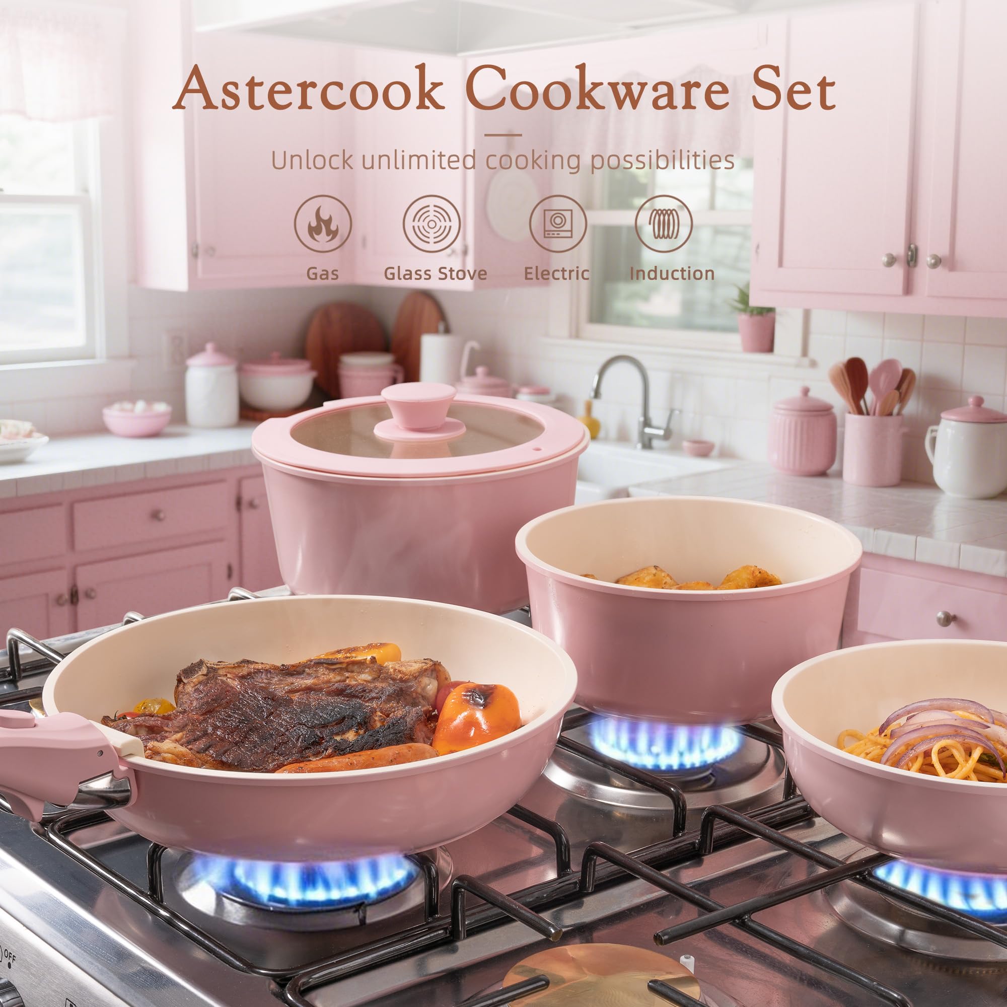 Astercook 21 Pcs Pots and Pans Set Non Stick, Ceramic Cookware Set Detachable Handle, RV Kitchen Cooking Set Removable Handles, Oven Safe, Induction Ready, Stackable, Black, Fathers Day Gift for Men