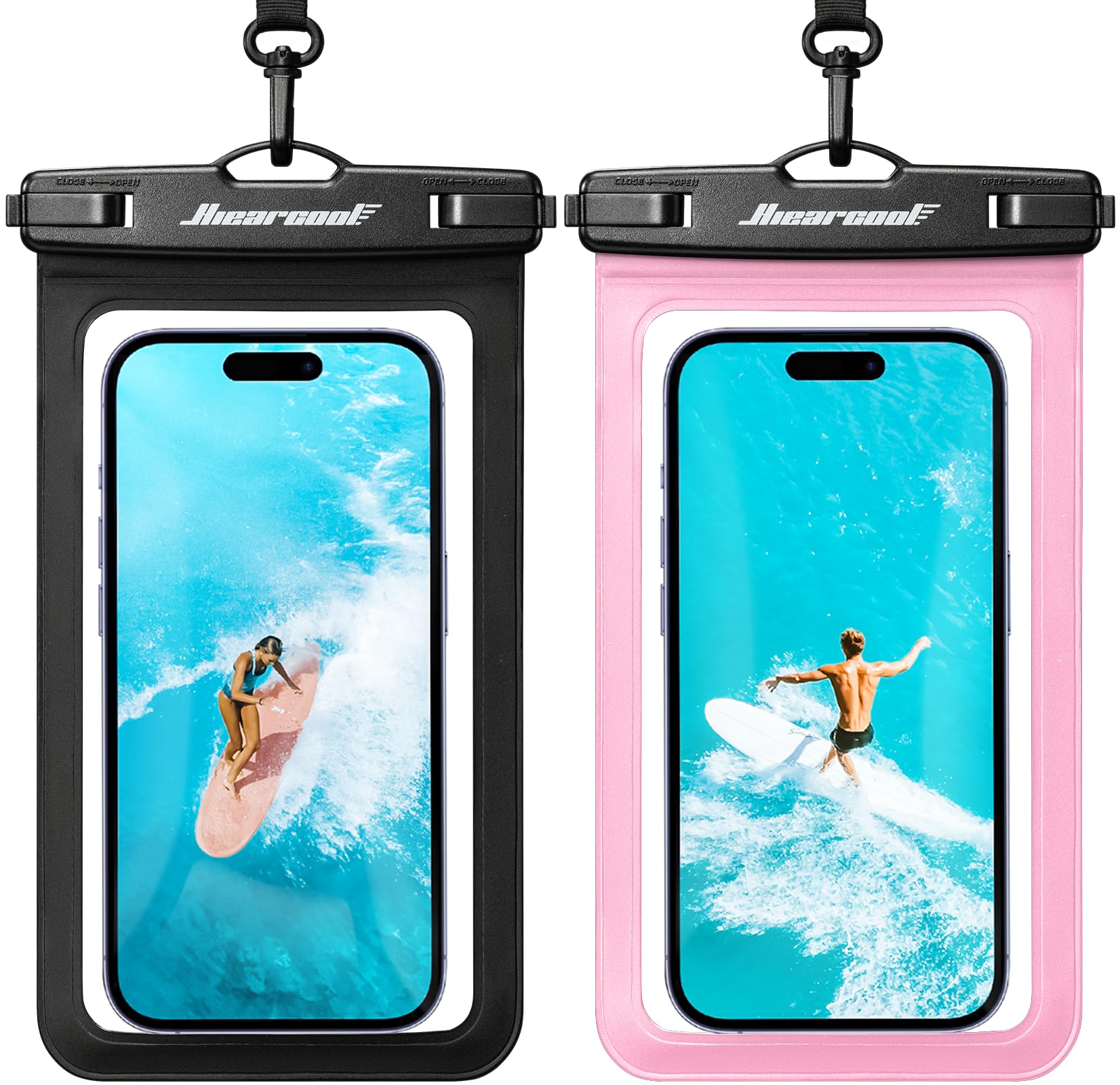 Hiearcool Waterproof Phone Pouch, IPX8 Waterproof Phone Case for iPhone 17/16/15/14 Pro Max, Cell Phone Dry Bag for Beach & Cruise Essentials, Touch Screen, Lanyard Included, 2 Pack (Fits Up to 8.9”)