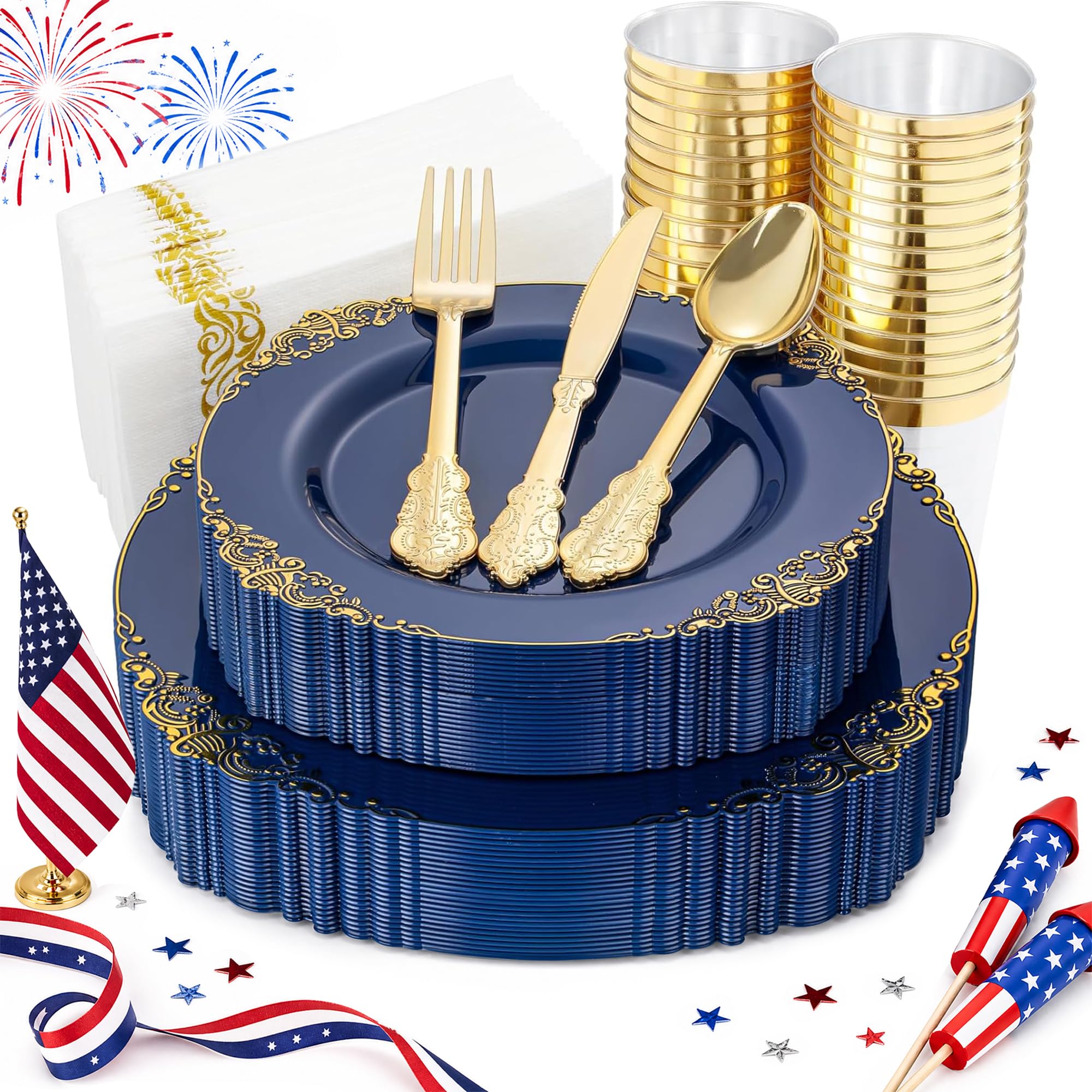 Nervure 175PCS Clear Blue Plastic Plates - Plastic Dinnerware Set Include 25Dinner Plates, 25Dessert Plates, 25Cups, 25Forks, 25Knives, 25Spoons, 25Napkins Perfect for Wedding & Party