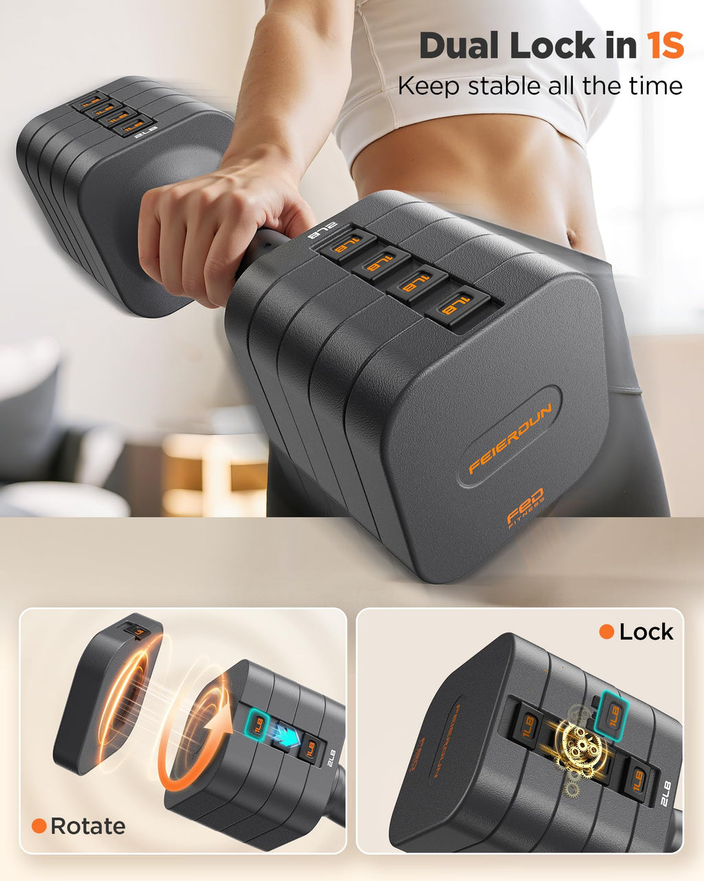 FEIERDUN DB3 5-in-1 Adjustable Dumbbell Set, 6LB/10LB Pair Adjustable Weights for Women at Home, Dual Locking Stable Hand Weights with TPU Soft Handle, Home Gym, Rehab, Pilates, Yoga, Strength Training