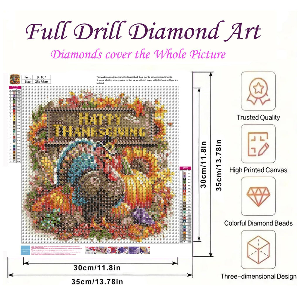 DIYDECORFUN Thanksgiving Turkey Diamond Painting Kits for Adults, 5D Fall Diamond Art Kits for Beginners, Full Round Drill Diamond Dot Painting Gem Art Kits,Home Wall Decor 13.8x13.8 Inch