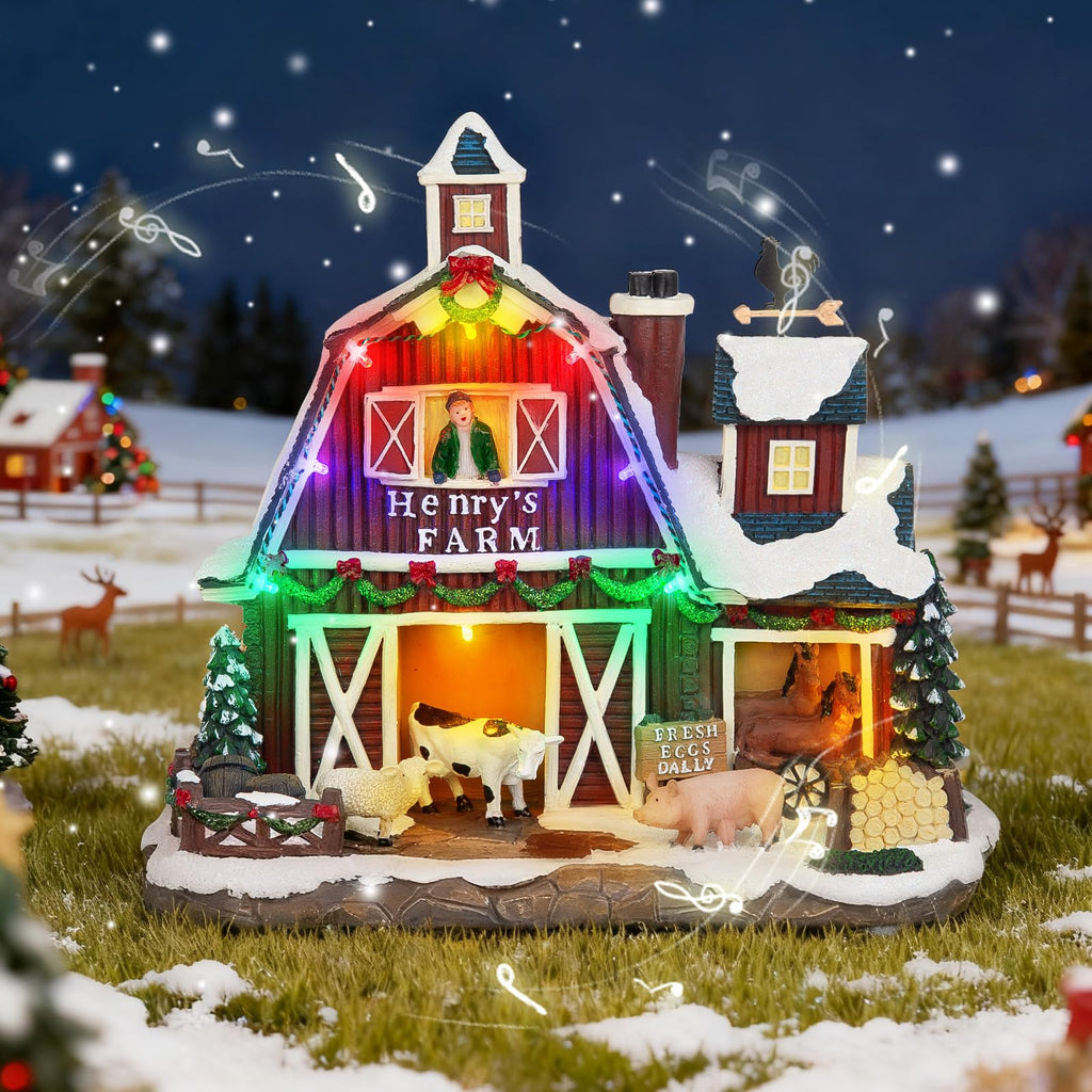 LED Lighted Musical Farmhouse Christmas Village - 10.4" Farm Barn, Large Christmas Collectible Building with Dual Light & Music Modes, Holiday Collectible Gifts for Tabletop, Mantel, Village Display
