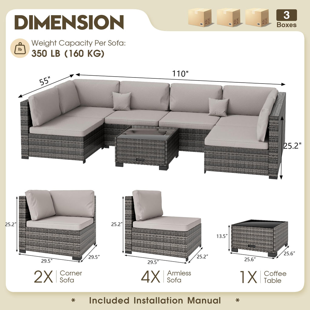 LHBcraft 7 Piece Patio Outdoor Furniture Set, Outdoor Sectional, All-Weather Manual Weaving PE Rattan Wicker Patio Sectional Sofa, Rattan Outside Furniture with Black Cushion and Glass Coffee Table