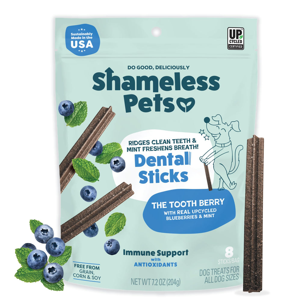 Shameless Pets Blueberry & Mint Dental Chews for Dogs, 8 Chews - Natural Dog Teeth Cleaning Treats with Fresh Breath Benefits | Grain-Free Dental Sticks for Small, Medium & Large Dogs