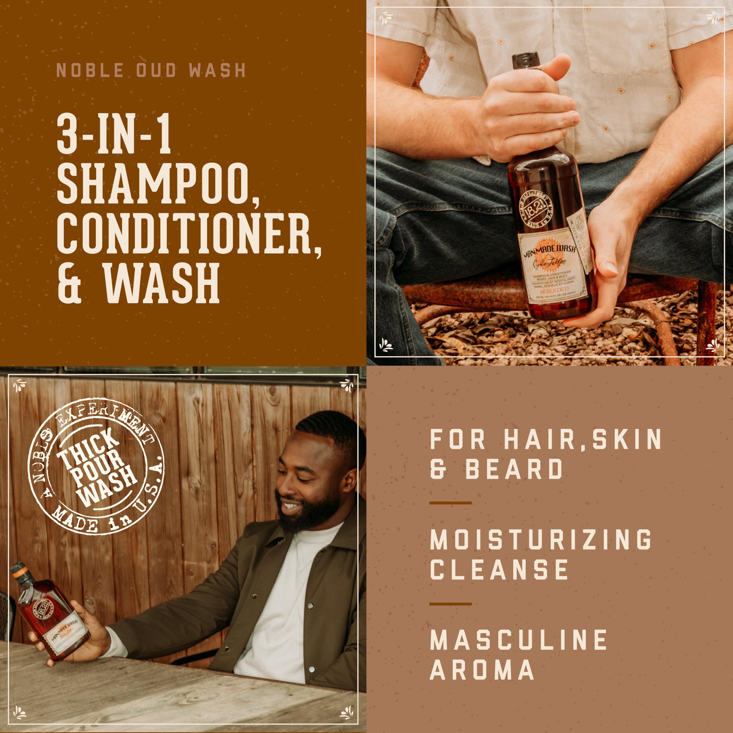 18.21 Man Made Original Absolute Mahogany 3-in-1 Body Wash, Shampoo, & Conditioner for Men, All Hair & Skin Types, Strengthens and Moisturizes in a Manly Aroma, 18oz