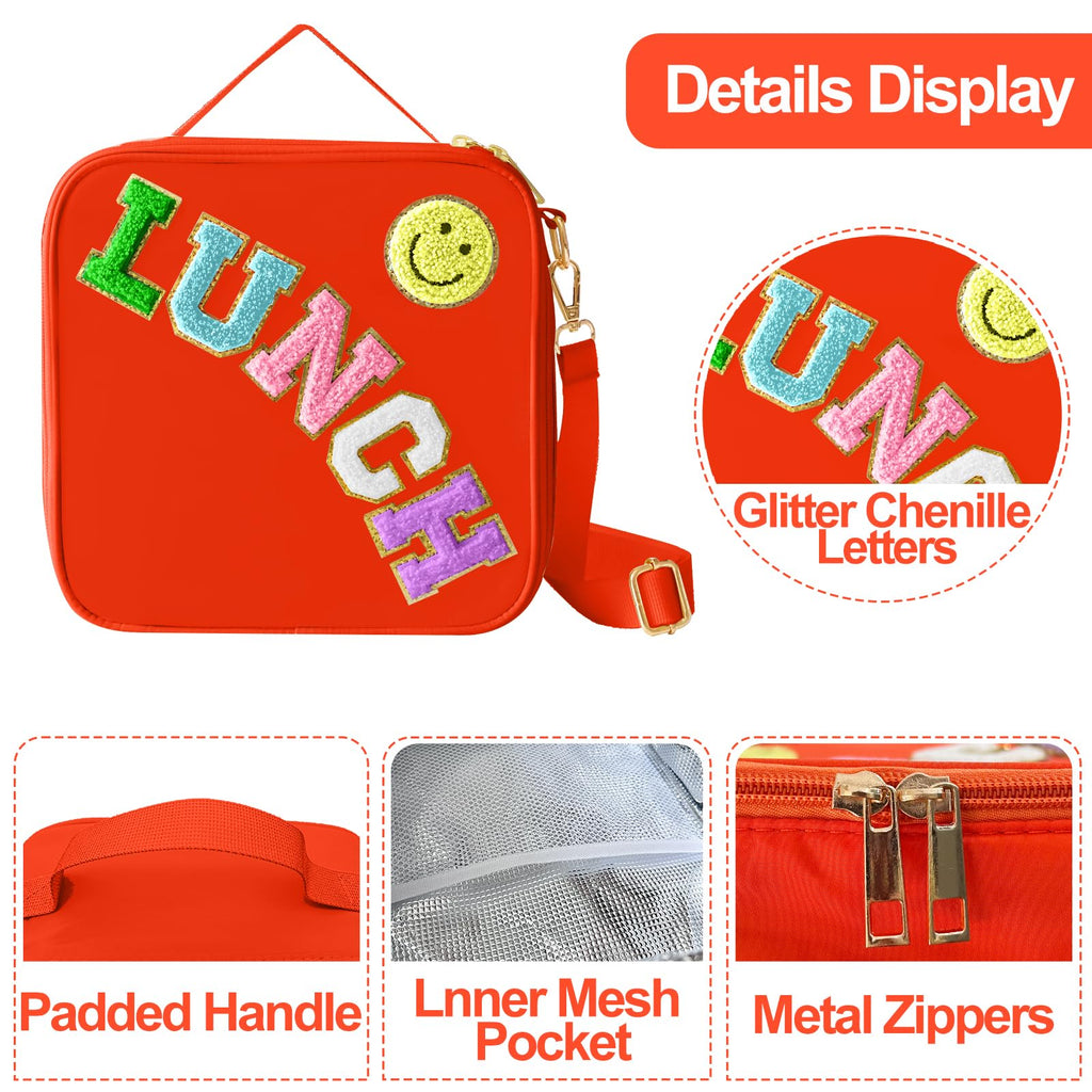 Insulated Lunch Bag With Adjustable Shoulder Strap, Nylon Preppy Lunch Box Large Insulated Lunch Bag Reusable Lunch Tote Bag with Smiley Preppy LunchBag for Girls School Travel Picnic (Purple)