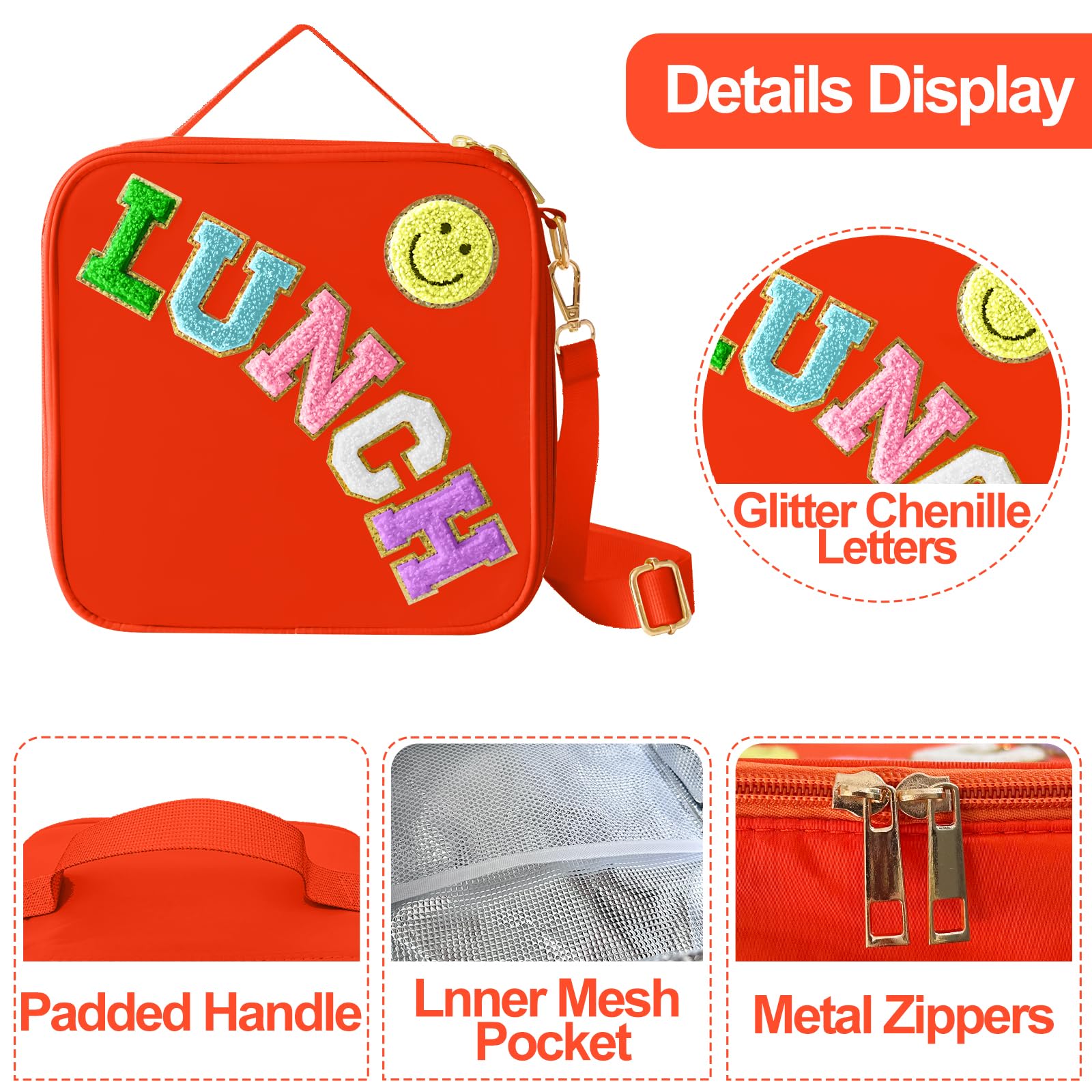 Insulated Lunch Bag With Adjustable Shoulder Strap, Nylon Preppy Lunch Box Large Insulated Lunch Bag Reusable Lunch Tote Bag with Smiley Preppy LunchBag for Girls School Travel Picnic (Purple)