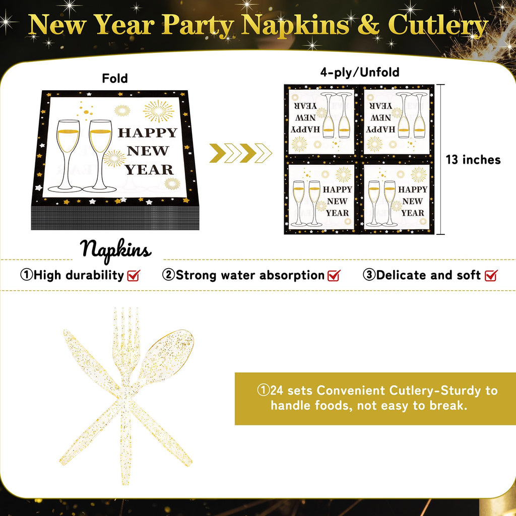 168pcs Happy New Year Party Supplies, Black and White Paper Plates Napkins Cups and Transparent Gold Cutlery for 24 Guests, 2026 New Year Disposable Tableware Supplies for Party Decorations
