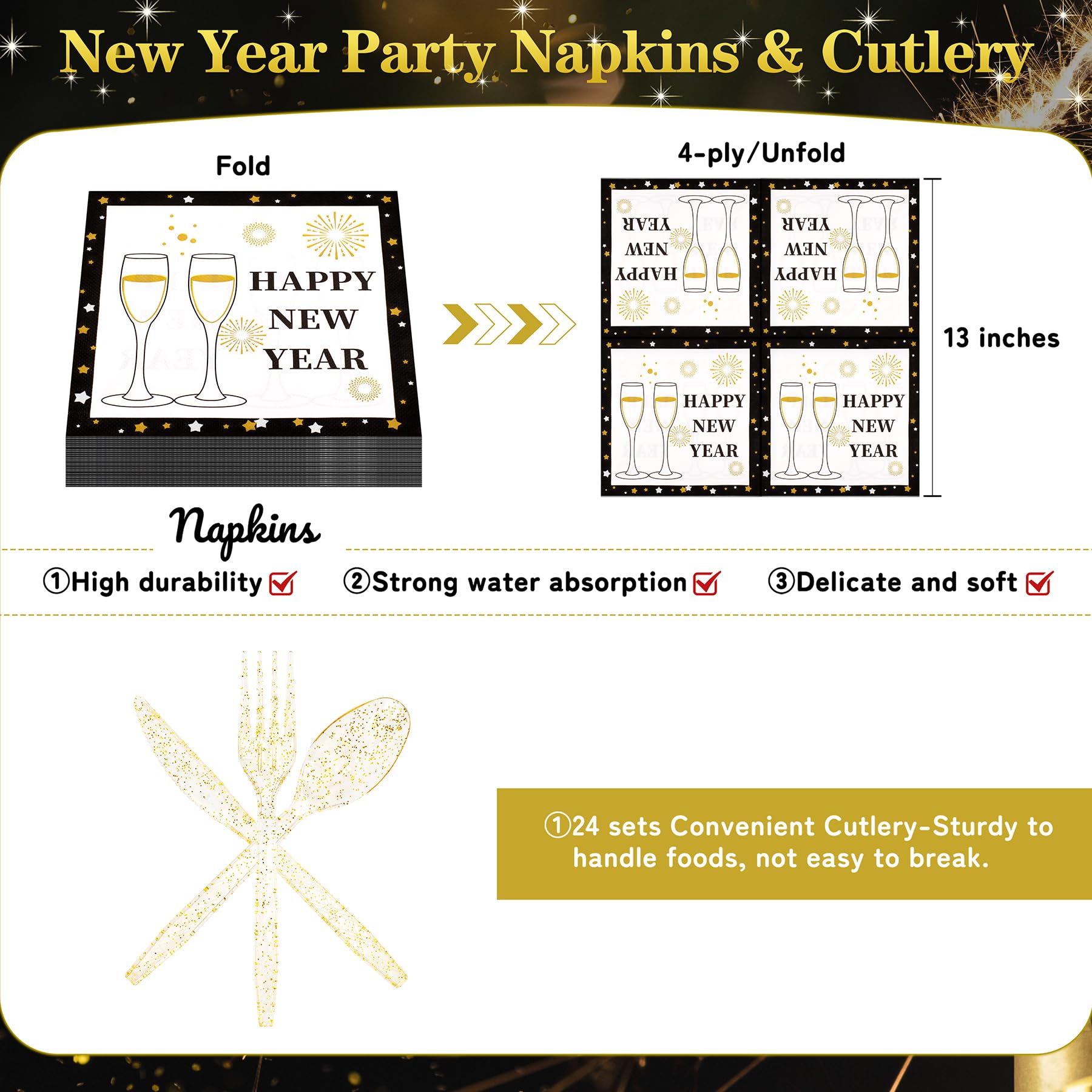 168pcs Happy New Year Party Supplies, Black and White Paper Plates Napkins Cups and Transparent Gold Cutlery for 24 Guests, 2026 New Year Disposable Tableware Supplies for Party Decorations