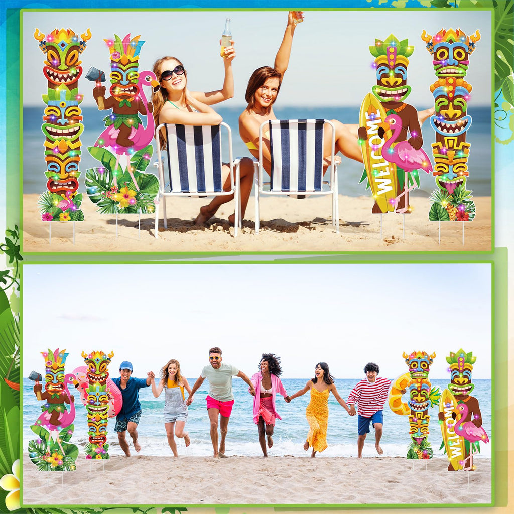 Bencailor 4 Pcs Summer Outdoor Yard Decoration Summer Beach Pool Yard Signs with Stakes LED Hawaiian Themed Party Supplies Beach Ball Surfboard Slipper Decor for Outdoor Lawn Garden Patio