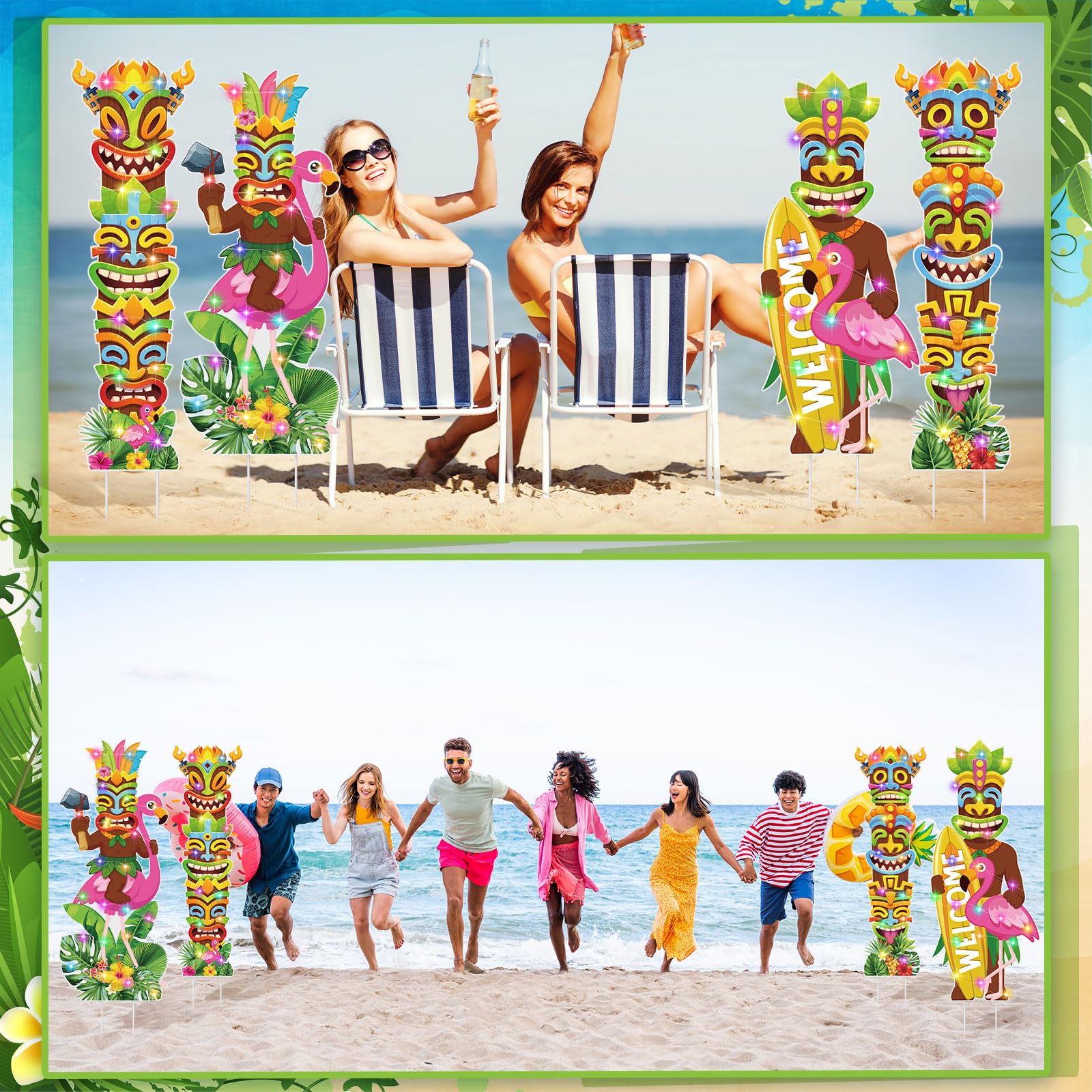 Bencailor 4 Pcs Summer Outdoor Yard Decoration Summer Beach Pool Yard Signs with Stakes LED Hawaiian Themed Party Supplies Beach Ball Surfboard Slipper Decor for Outdoor Lawn Garden Patio