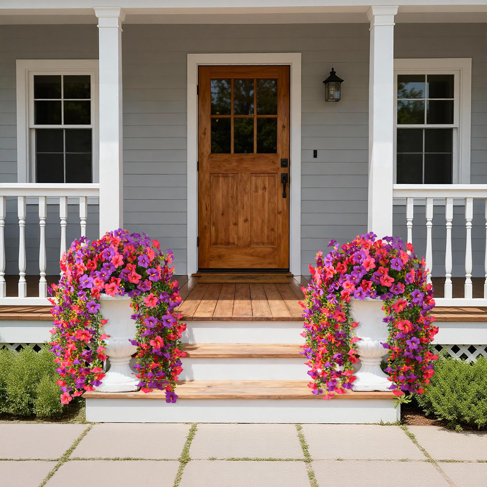 Artificial Fake Flowers Plants for Outdoor Spring Summer Decoration,2 PCS Faux Silk Morning Glory with Eucalyptus Leaves,UV Resistant Realistic Outdoor Flowers for Balcony Porch Patio Yard Garden