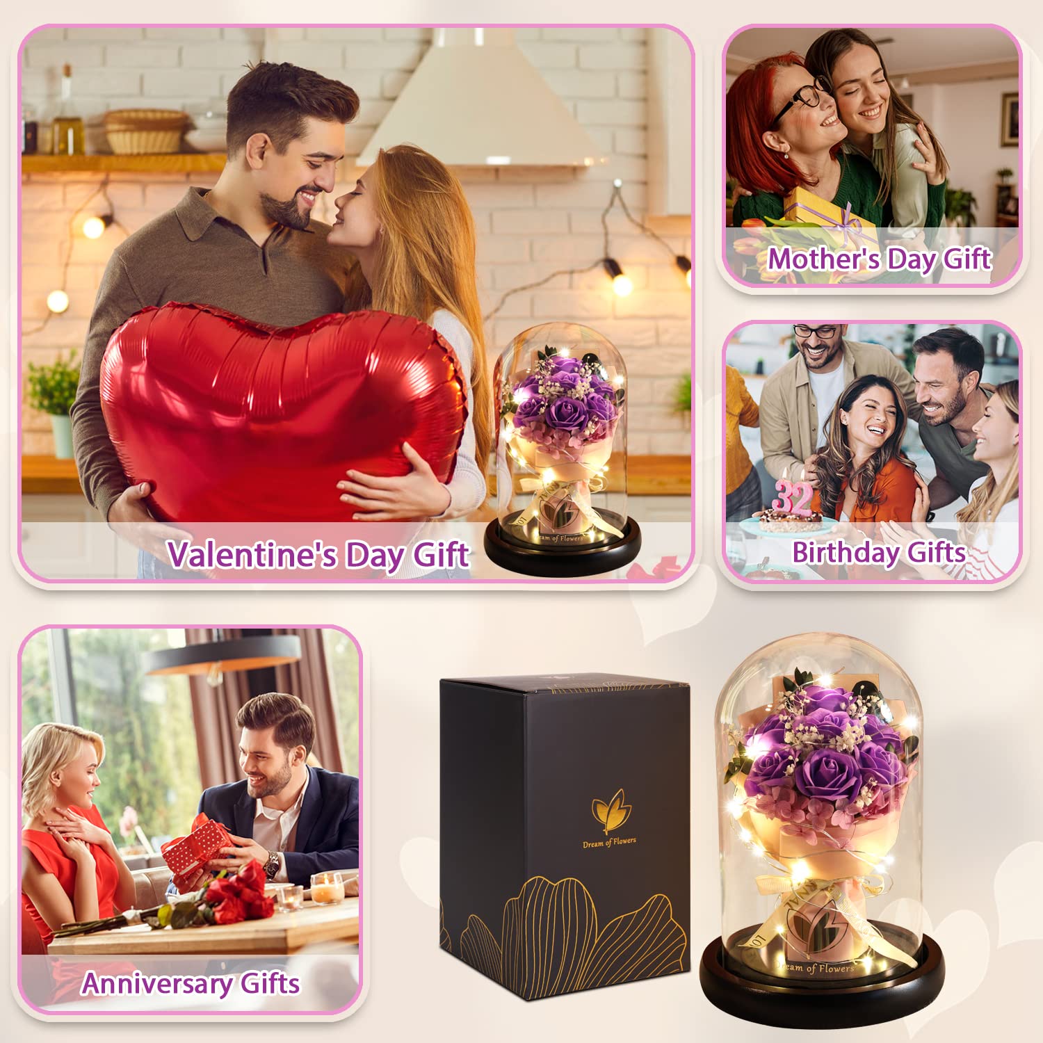 Beauty and The Beast Rose for Mom, Birthday Gifts for Women, Light Up Roses, Glass Dome Rose with LED Lights, Red Roses, Women's Gift for Mom Wife Grandmother