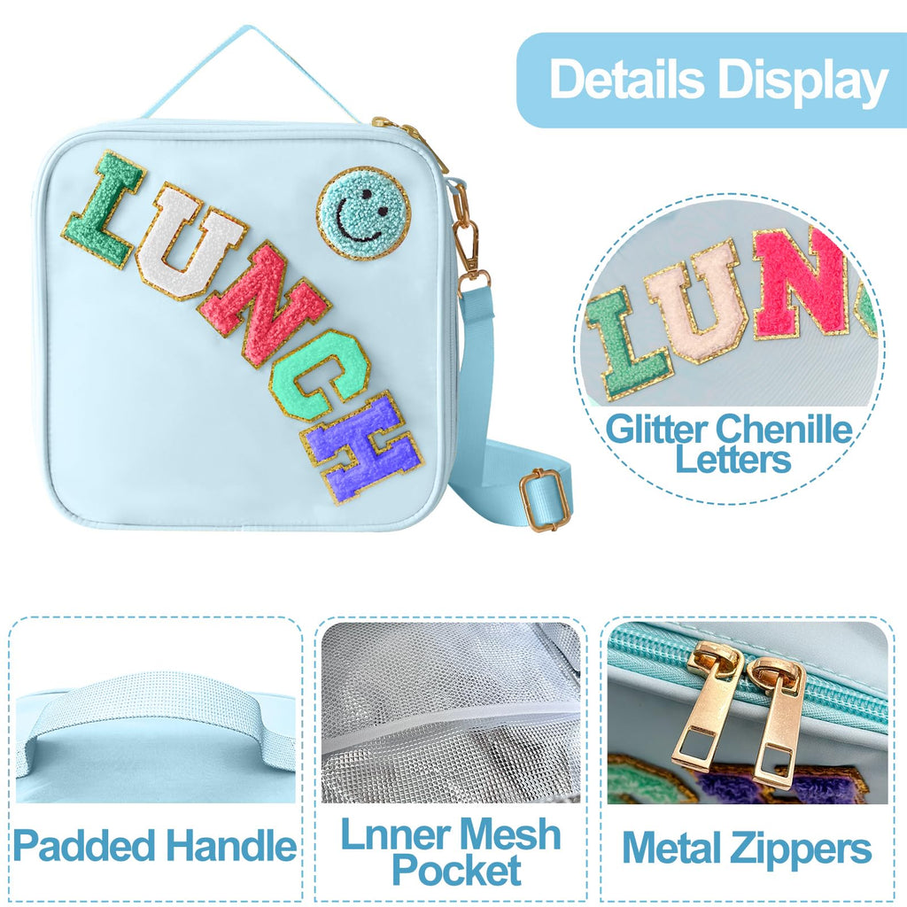 Insulated Lunch Bag With Adjustable Shoulder Strap, Nylon Preppy Lunch Box Large Insulated Lunch Bag Reusable Lunch Tote Bag with Smiley Preppy LunchBag for Girls School Travel Picnic (Purple)