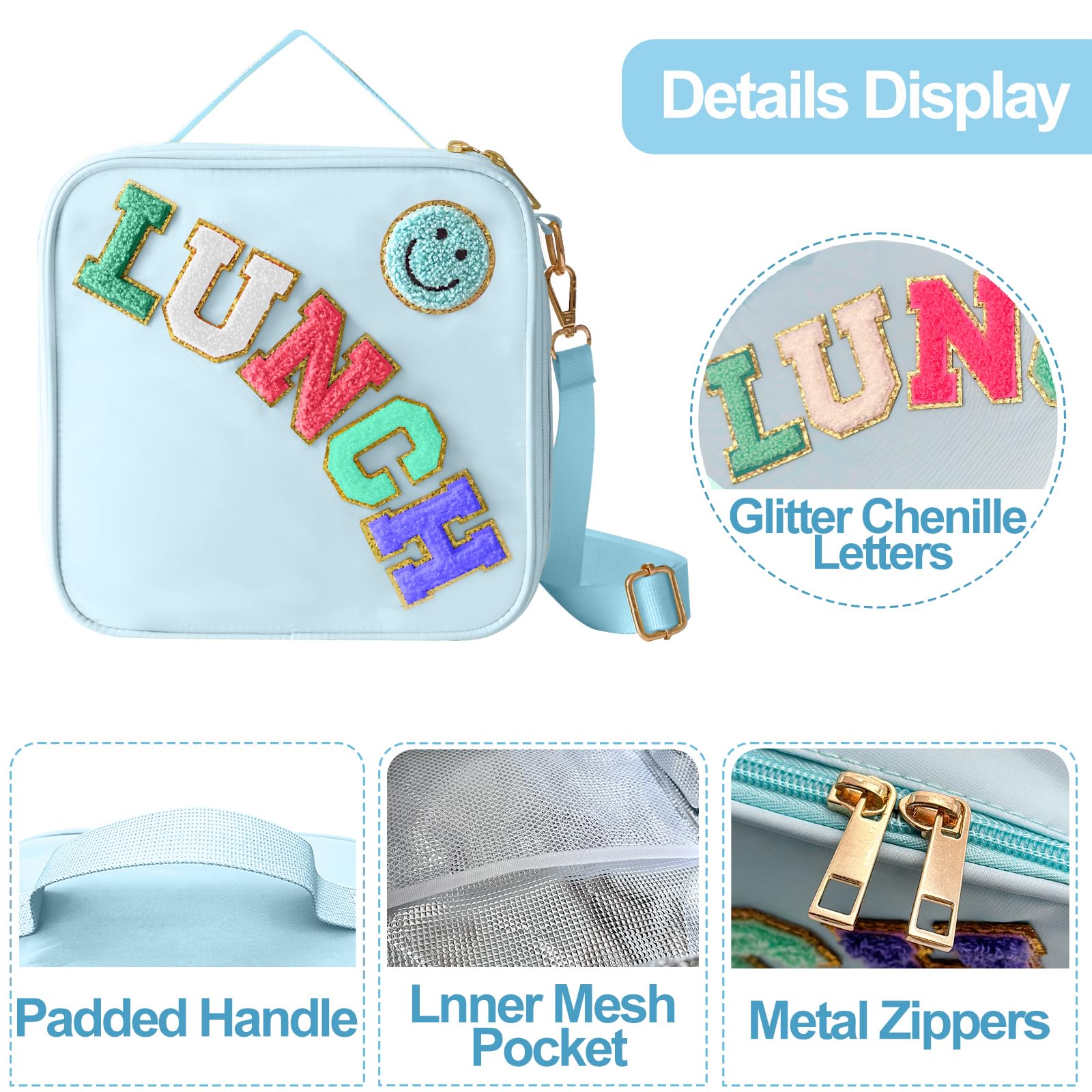 Insulated Lunch Bag With Adjustable Shoulder Strap, Nylon Preppy Lunch Box Large Insulated Lunch Bag Reusable Lunch Tote Bag with Smiley Preppy LunchBag for Girls School Travel Picnic (Purple)